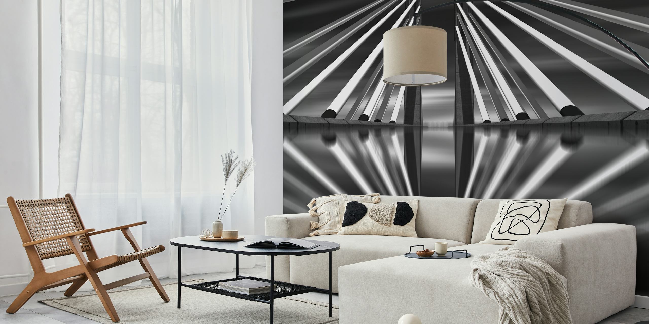 Monochrome wall mural of the Pasopati Bridge with a symmetrical perspective view