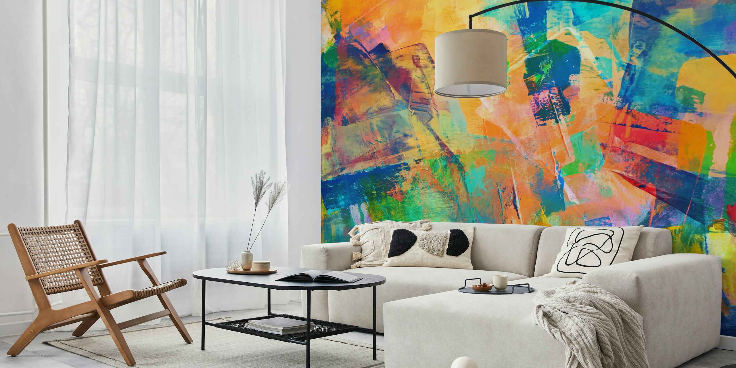Colorful abstract brush strokes in various shades on wallpaper
