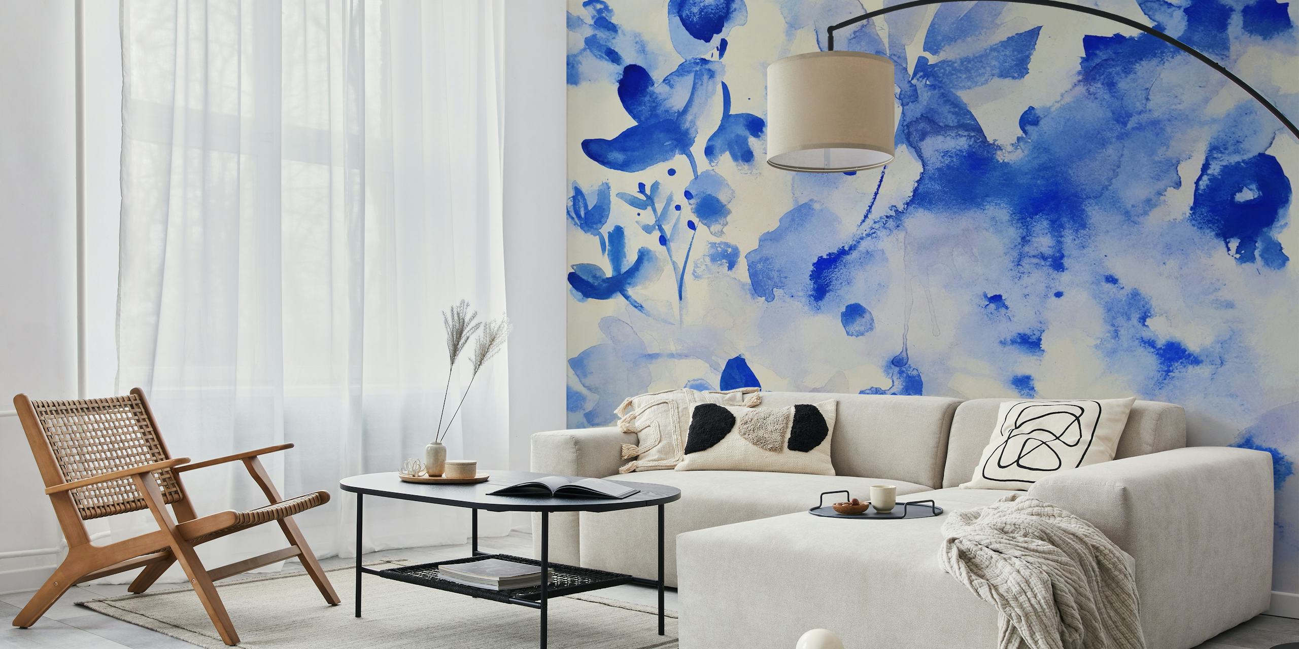Blue floral wallpaper in a room setting
