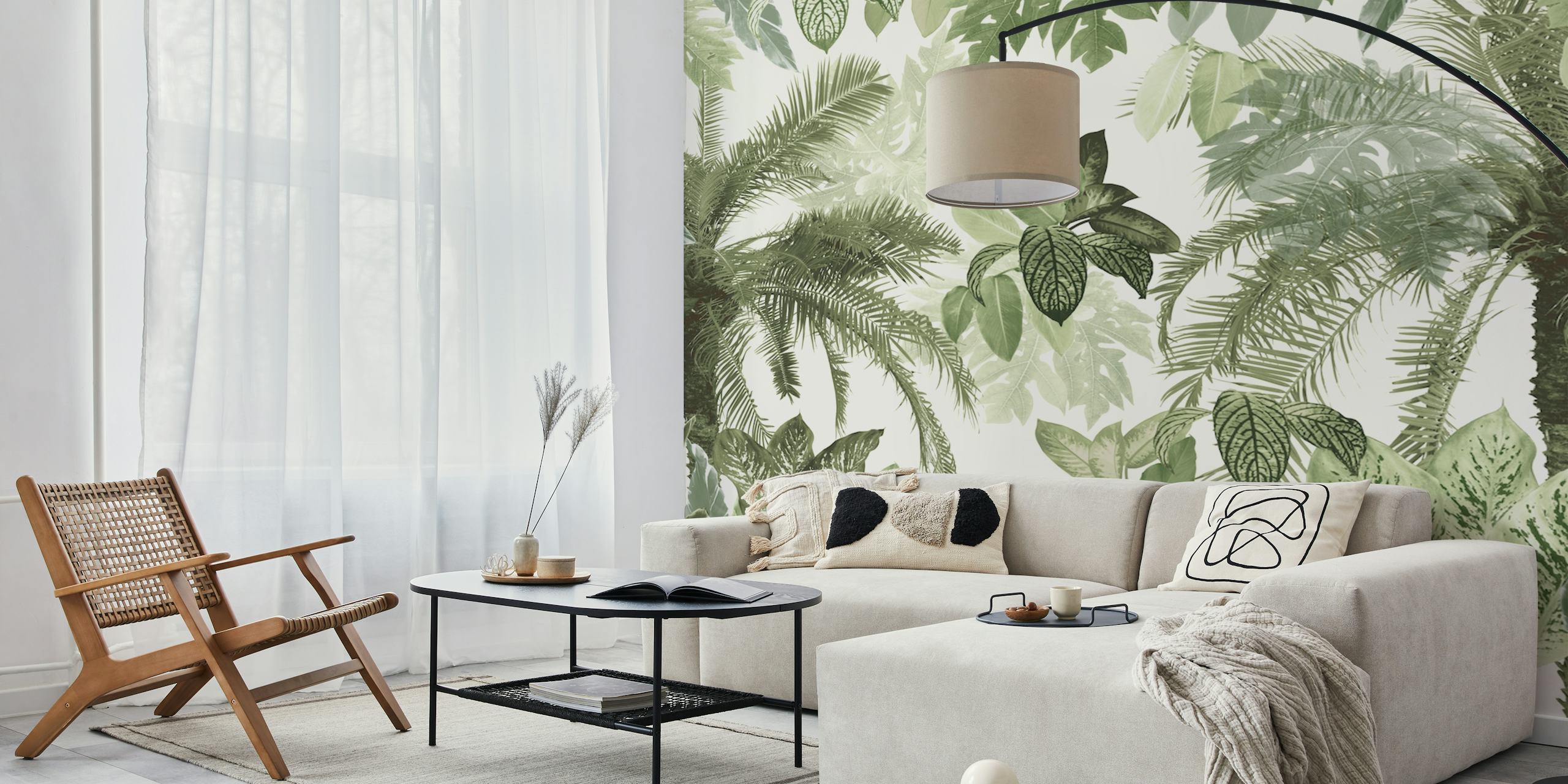 A sophisticated tropical jungle leaves wall mural showcasing a variety of green foliage with a vintage flair