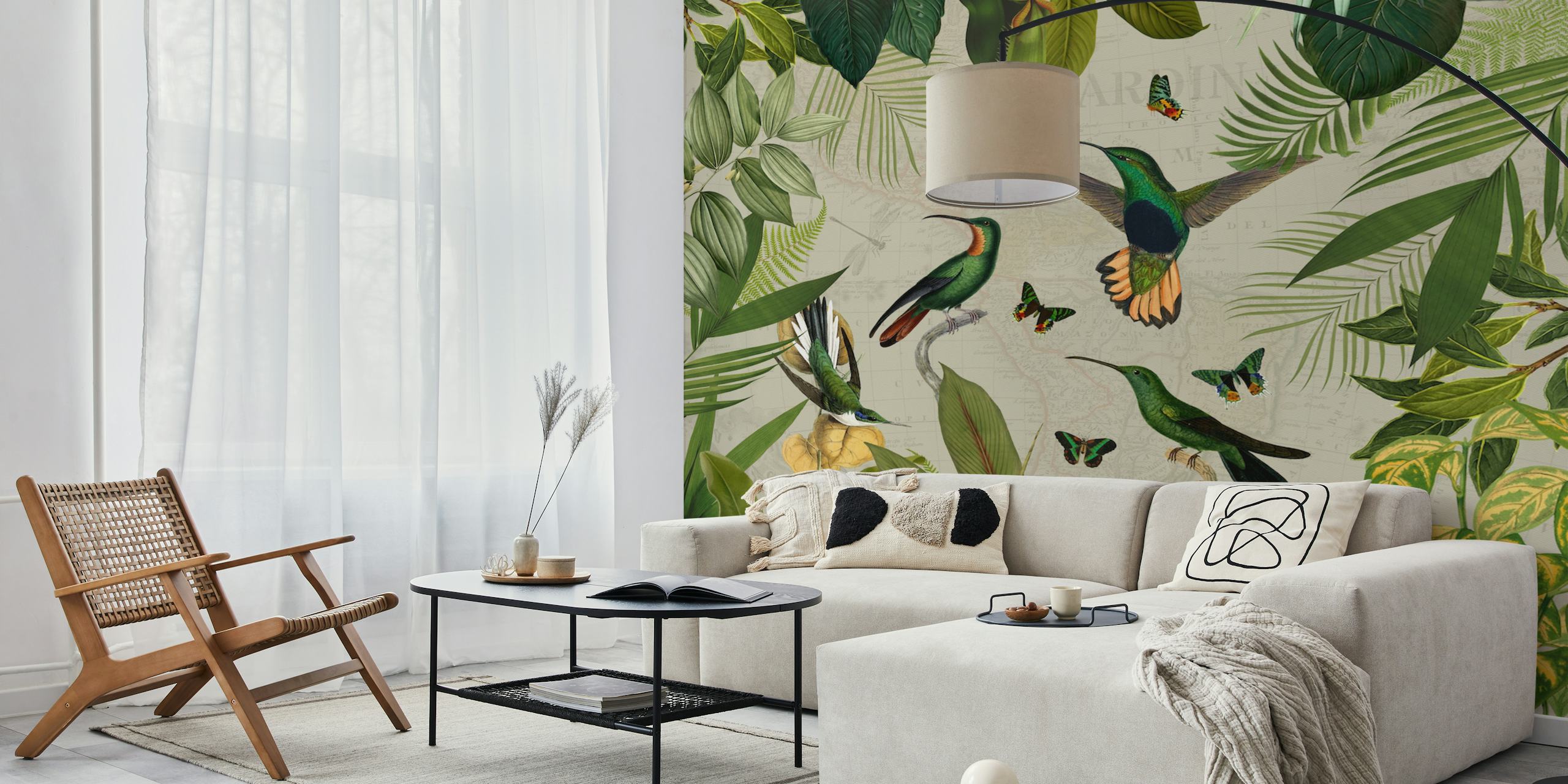Vintage style wall mural depicting hummingbirds in a jungle setting with tropical foliage and flowers