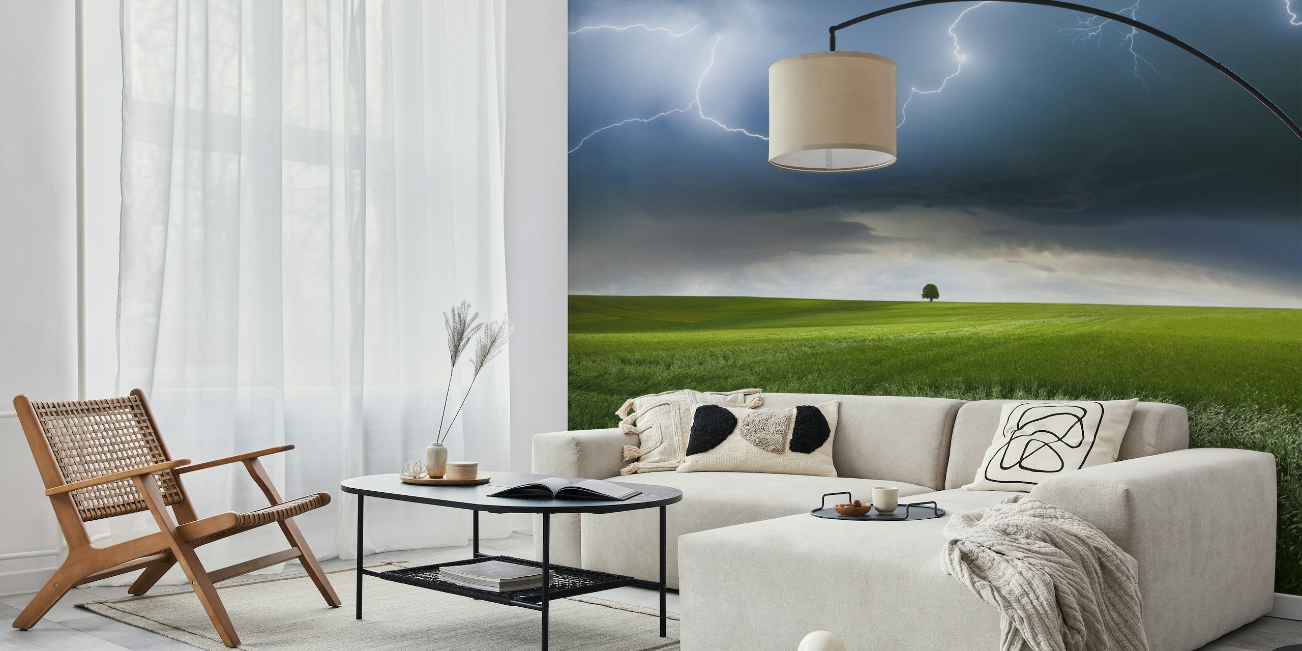 Summer storm with lightning over green field wall mural