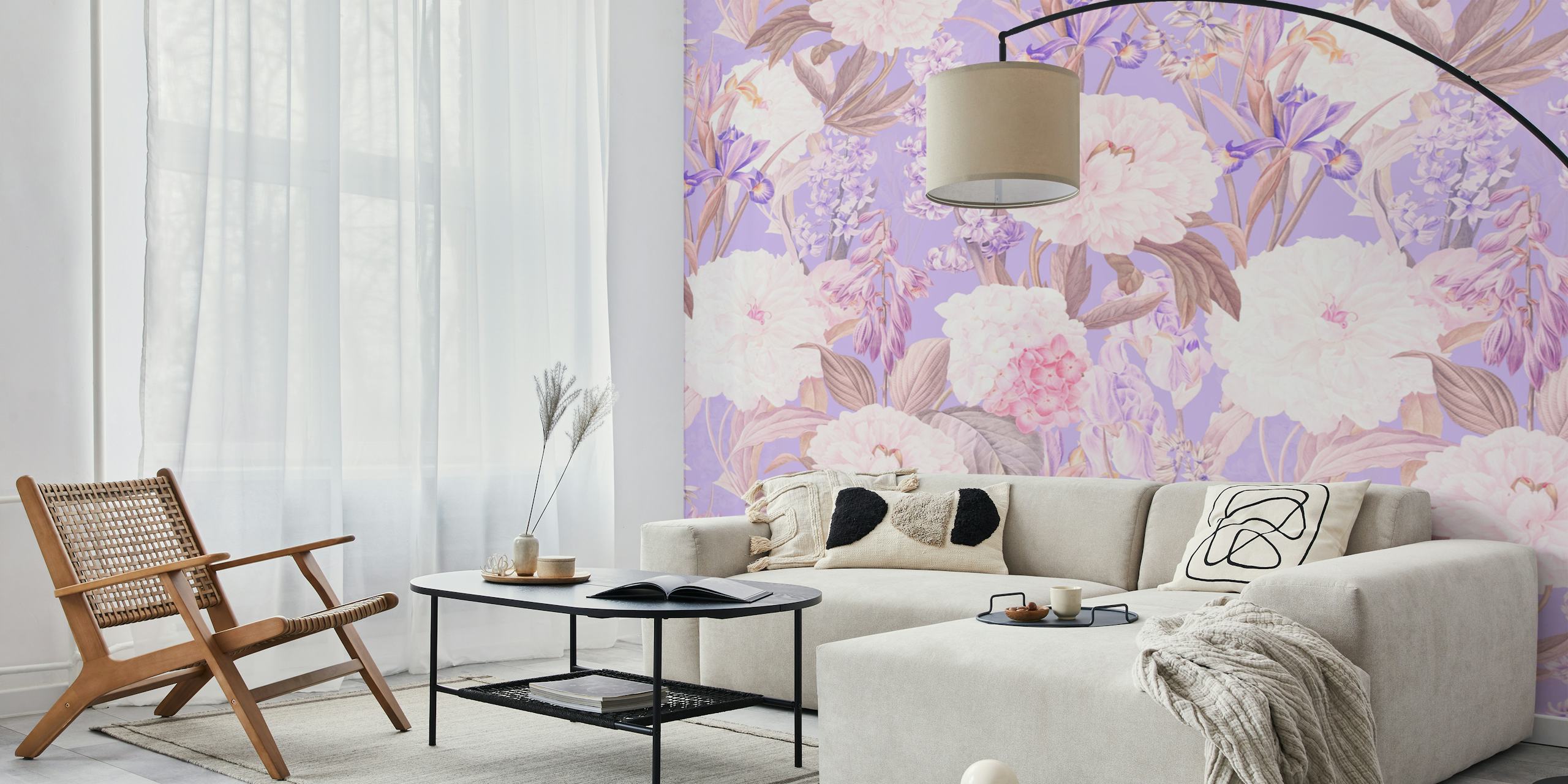 Ixia Paeonia Fuldt fototapet med frodige pæoner og ixia i bløde lilla toner