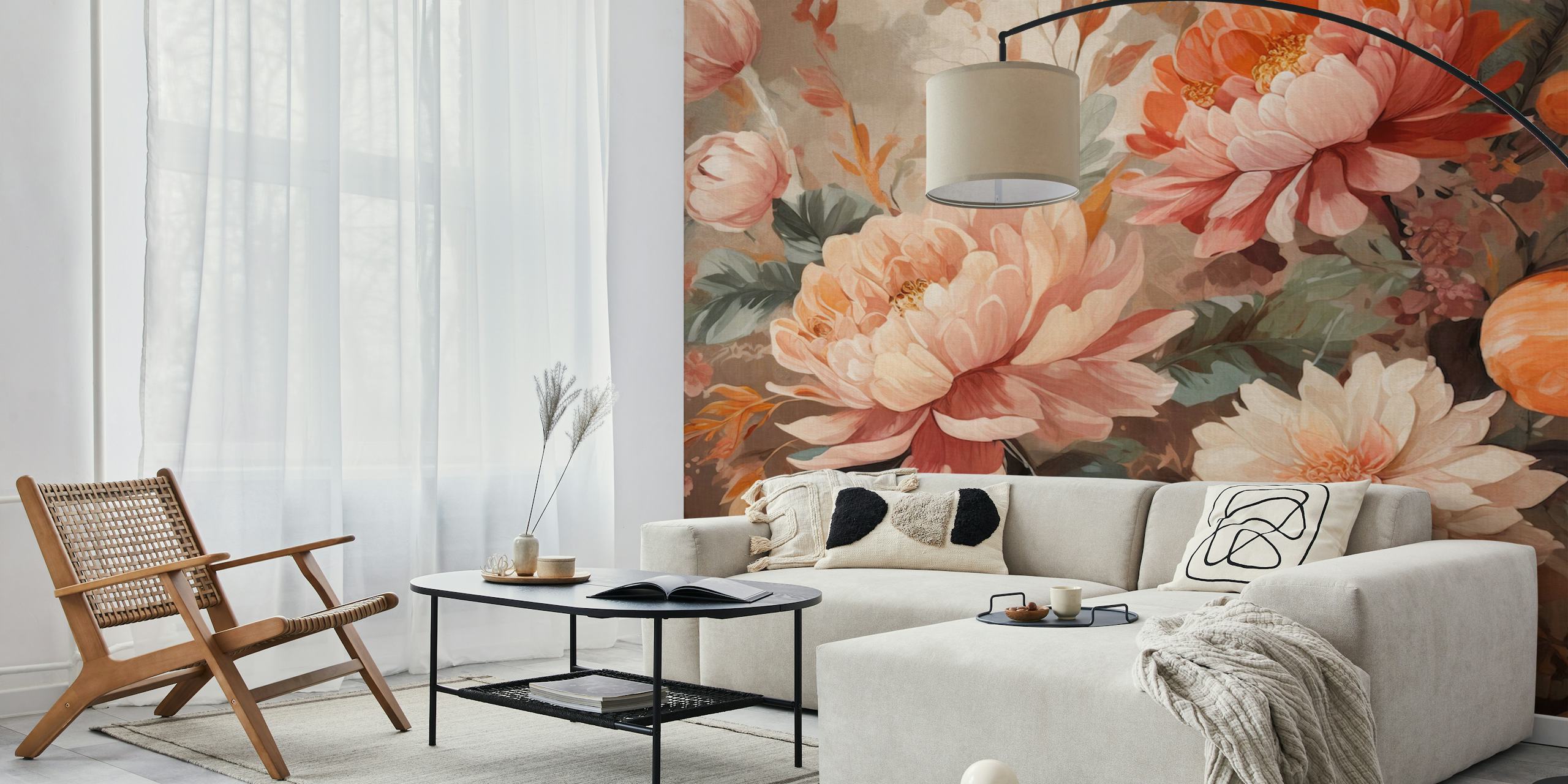 Zomer florale peach fuzz behang in een kamer