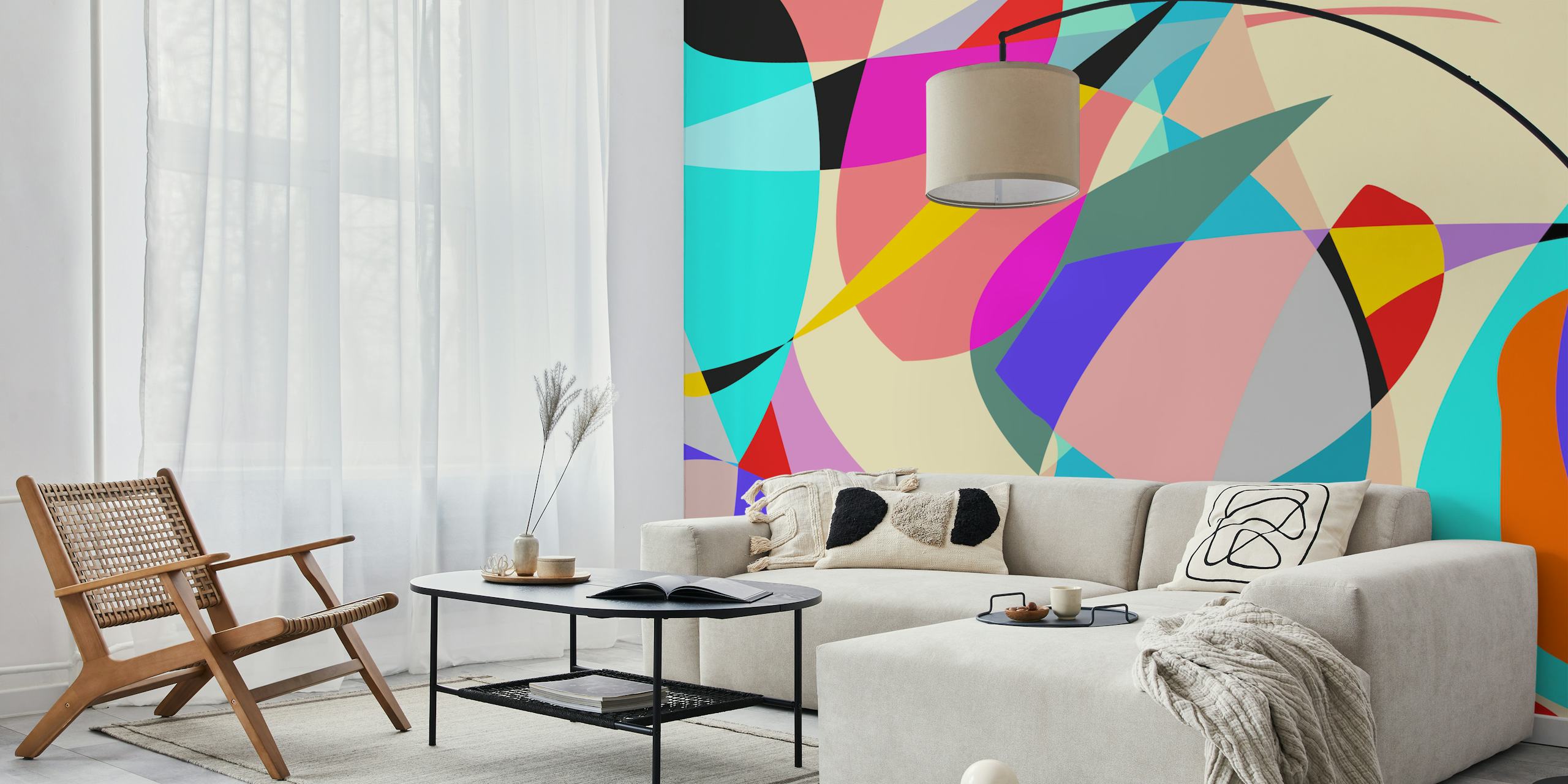 Diseño de mural de pared colorido abstracto con formas dinámicas y colores vivos.