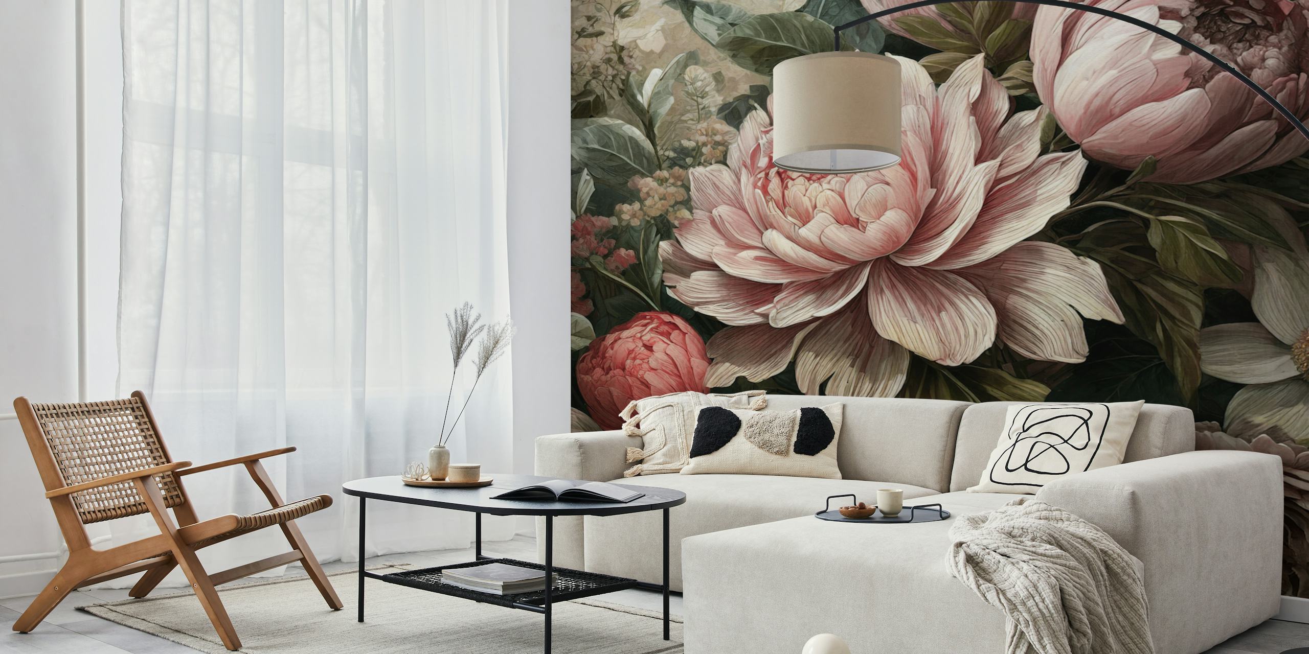 Fleurs vintage aux teintes roses et vertes sur fond naturel, wallpaper