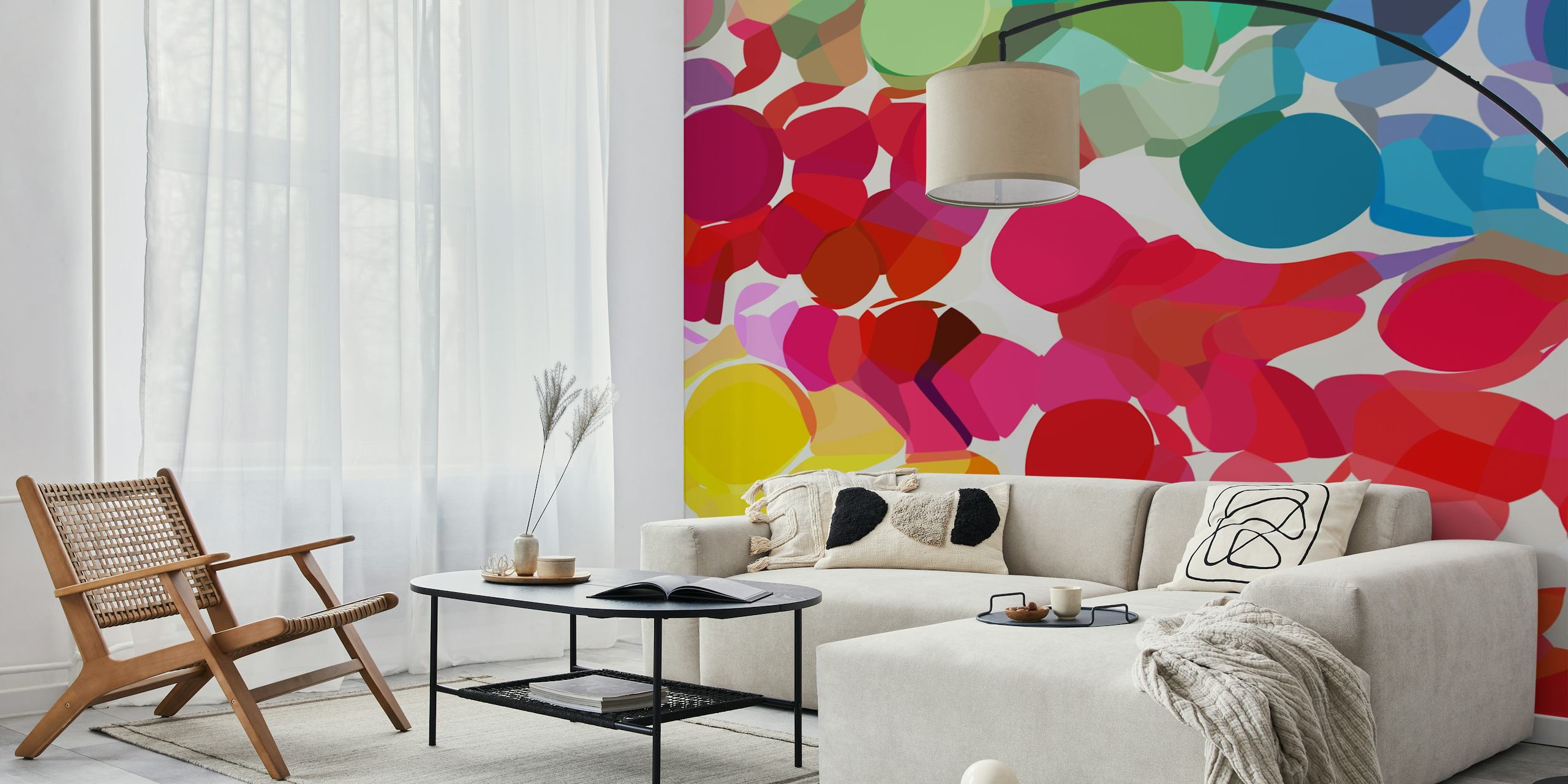 Colorful abstract circular shapes in red, yellow, blue, and green wallpaper