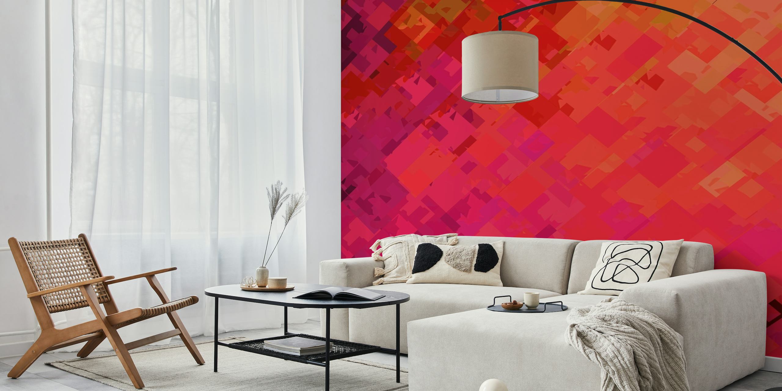 Abstrakt lila och orange geometriskt pixelmönster väggmålning