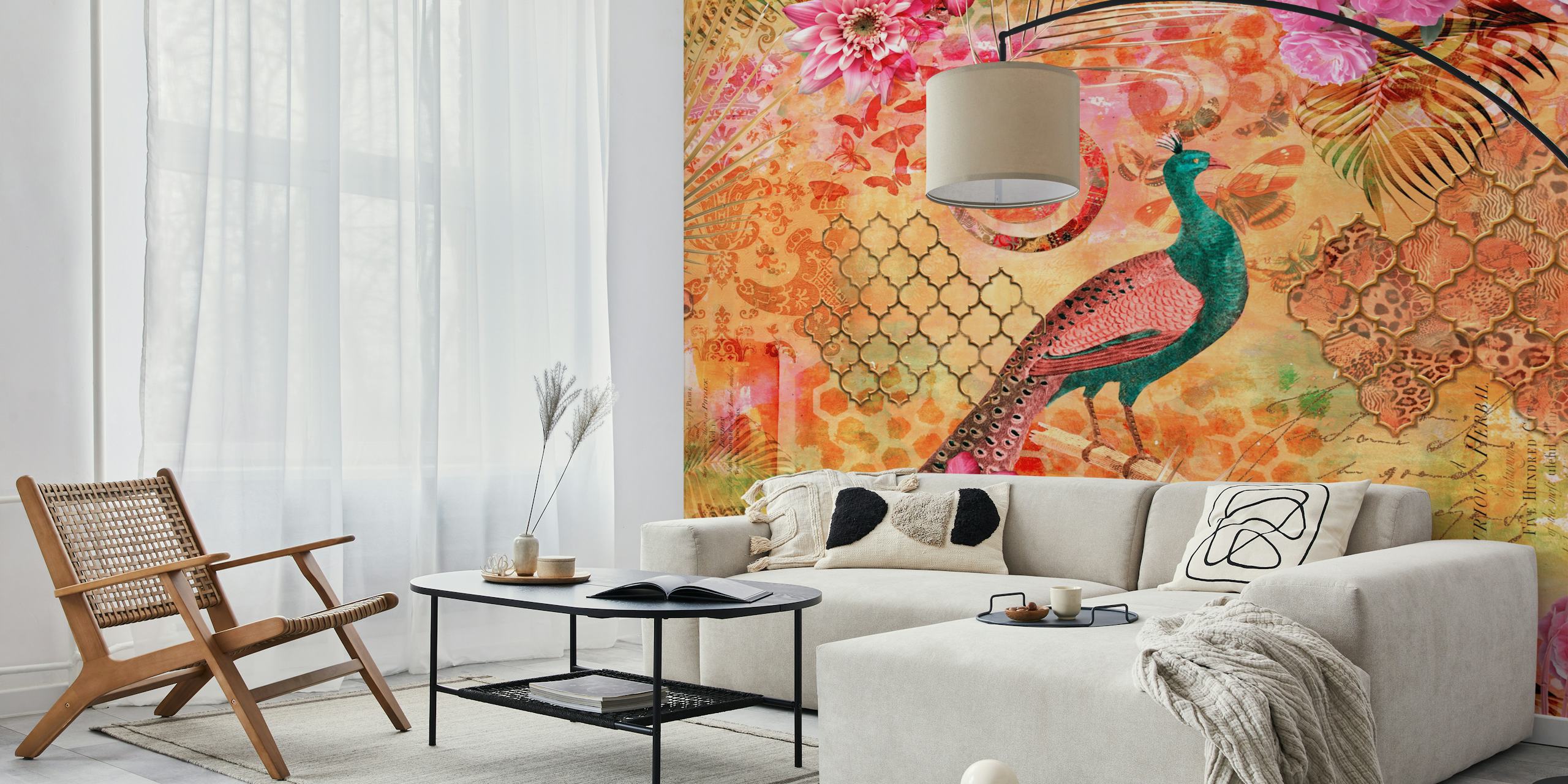 Colorful peacock and floral patterns in pink and orange wallpaper