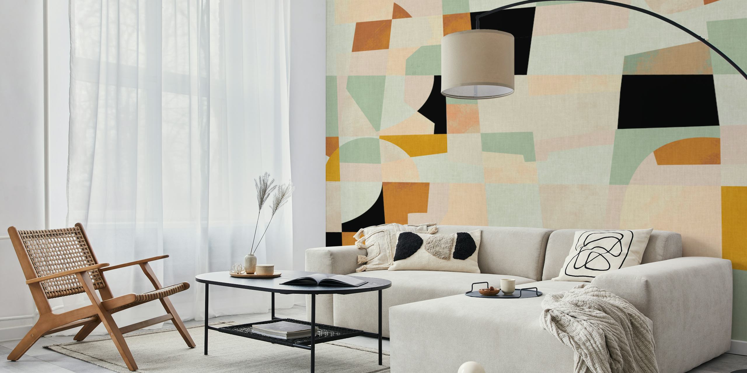 Muting colored geometric shapes in pastel green, black, and orange wallpaper