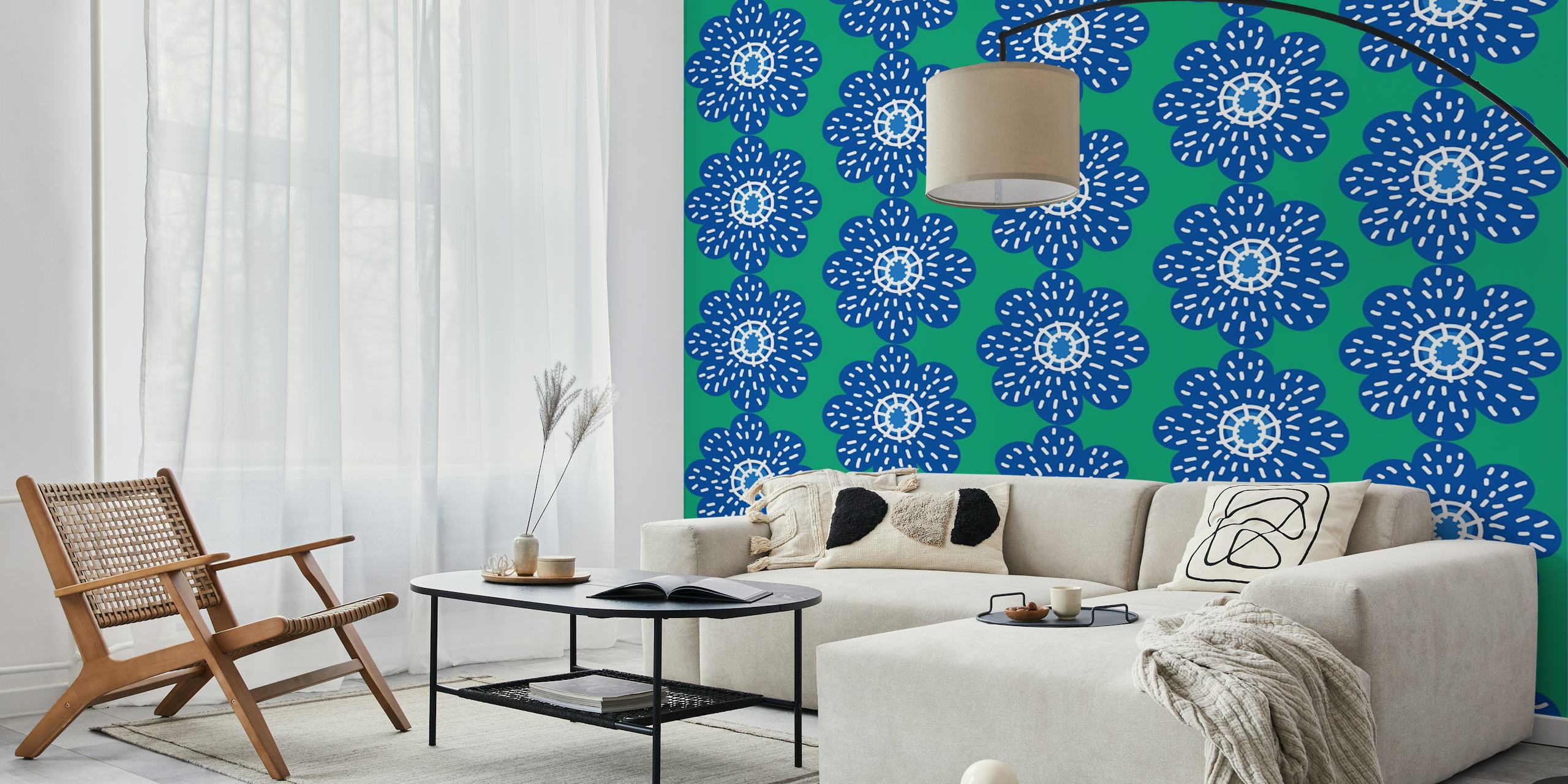 Moss green blue floral pattern v pokoji