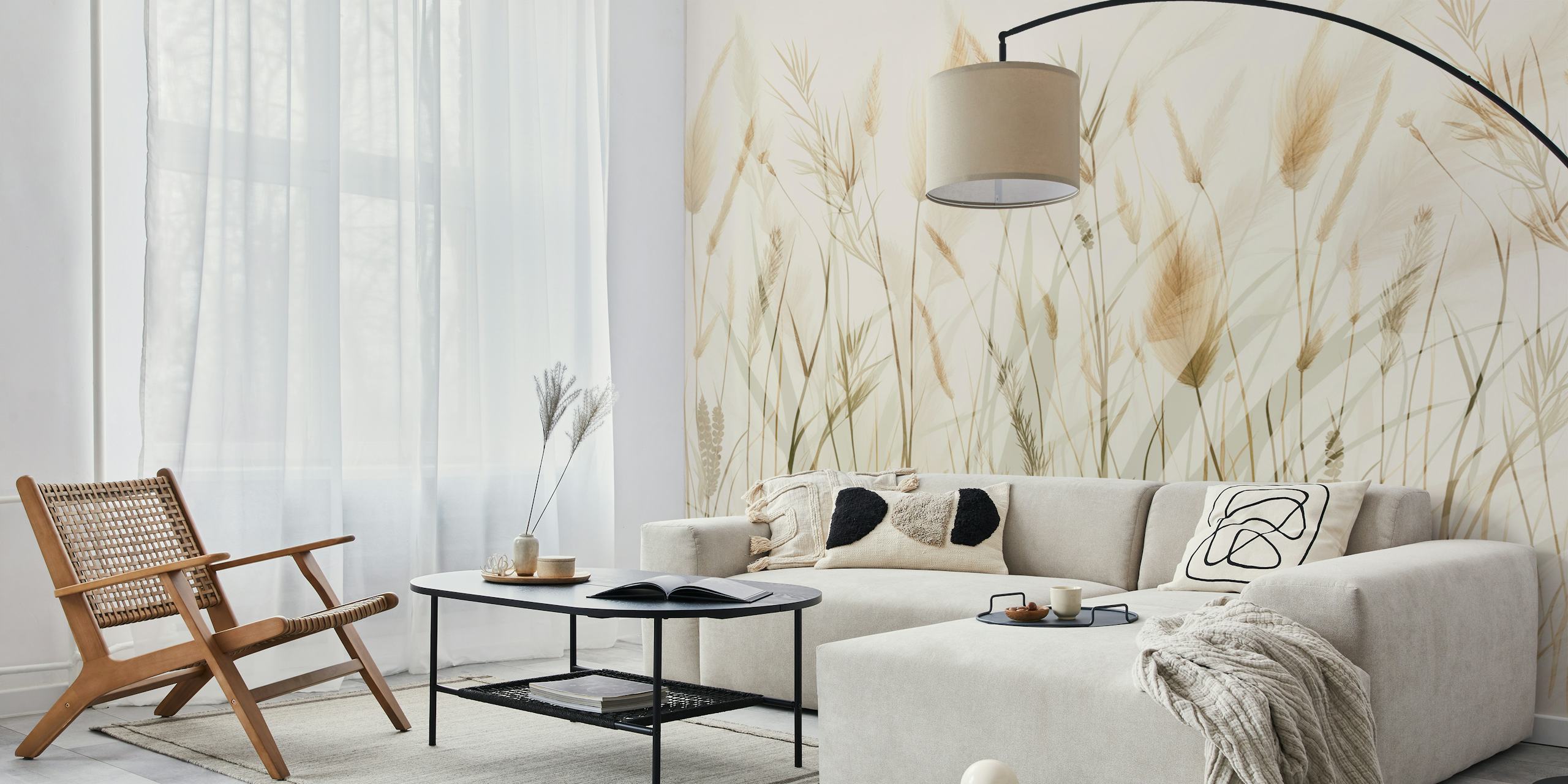 Delicate neutral botanicals wallpaper in a room