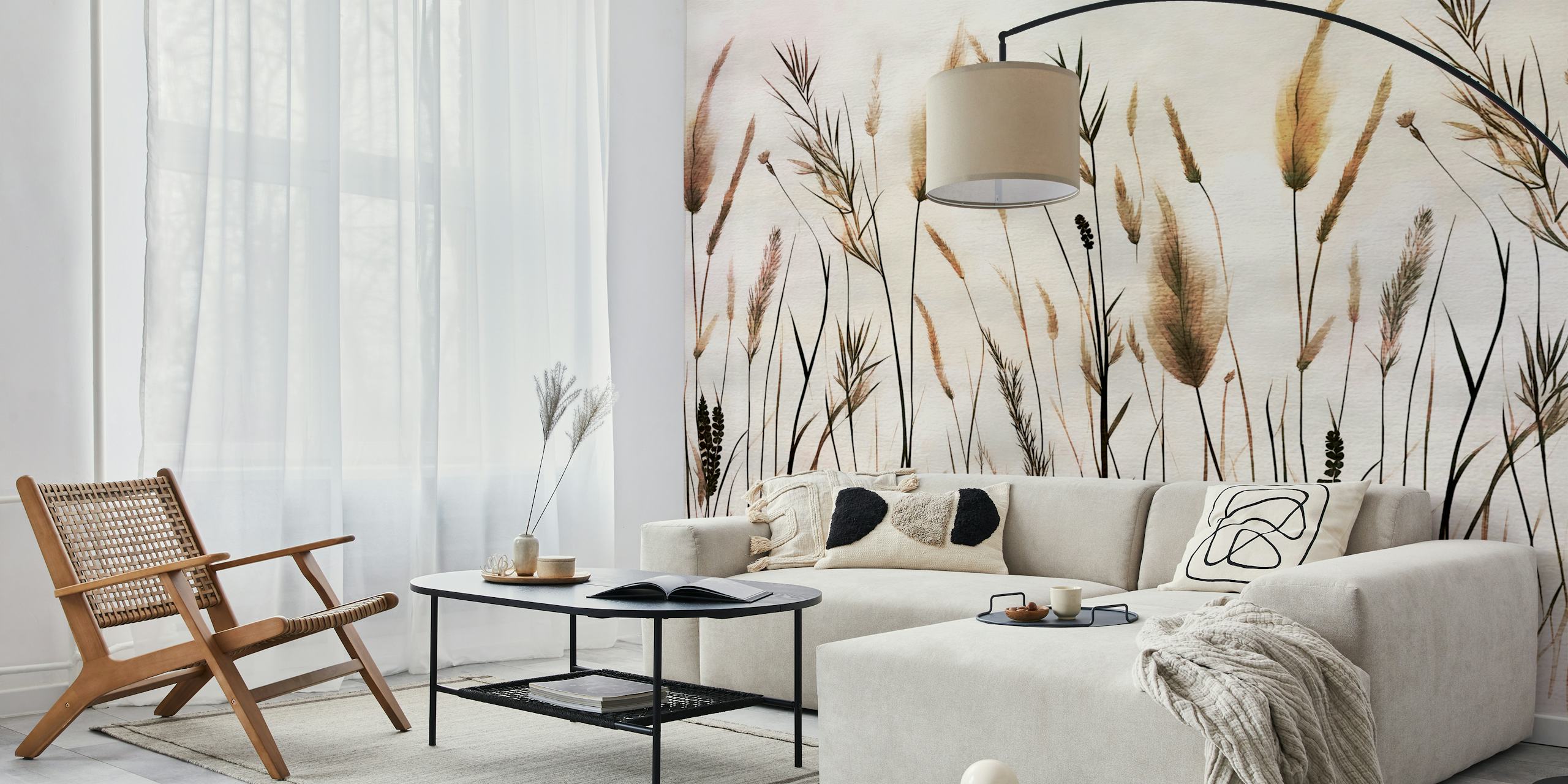 Wabi Sabi Pampas Grass wall mural showing elegant pampas grass in neutral tones