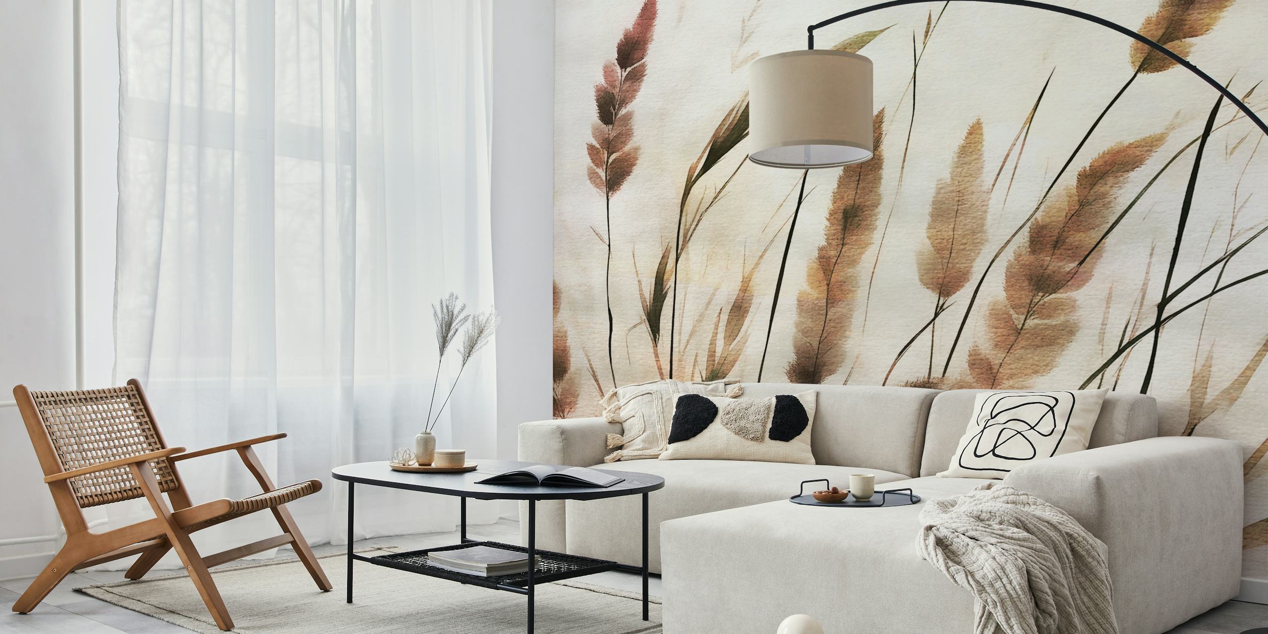 Watercolor pampas grass in soft earthy tones wallpaper