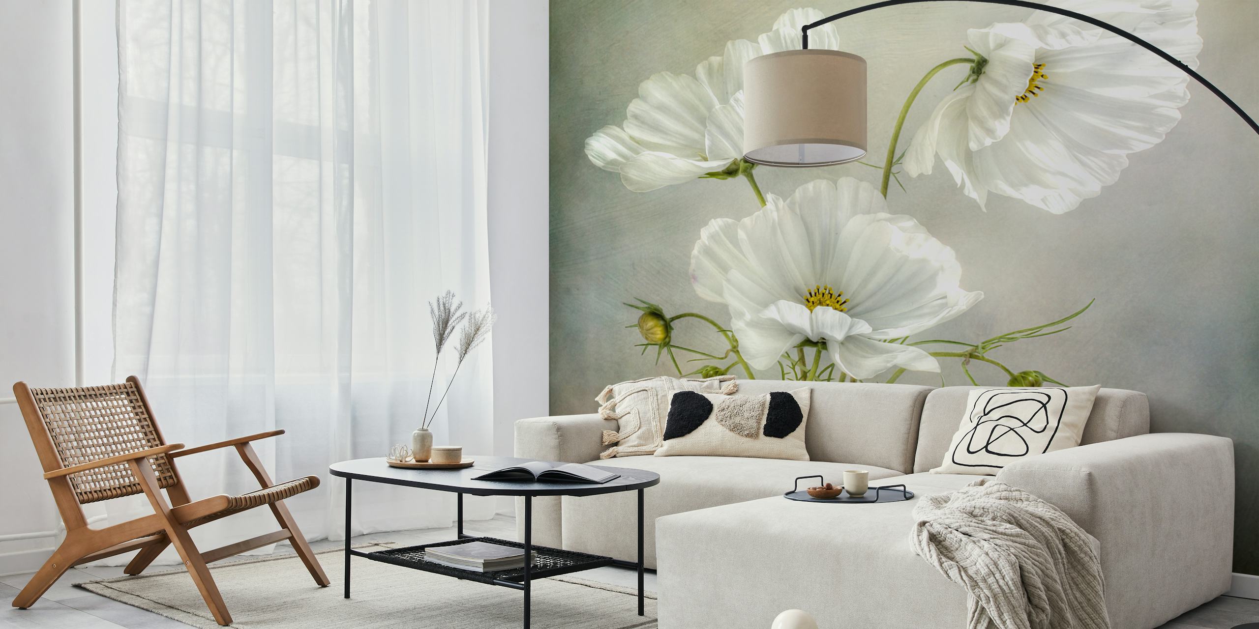 White floral design on muted background wallpaper