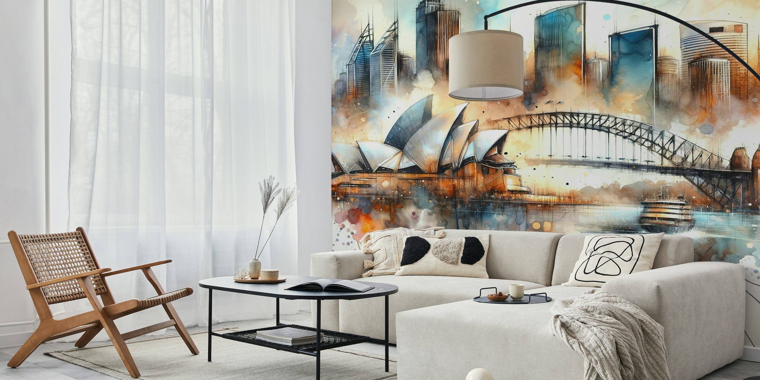 Pintura acuarela del horizonte de Sydney con la Ópera y el Puente del Puerto