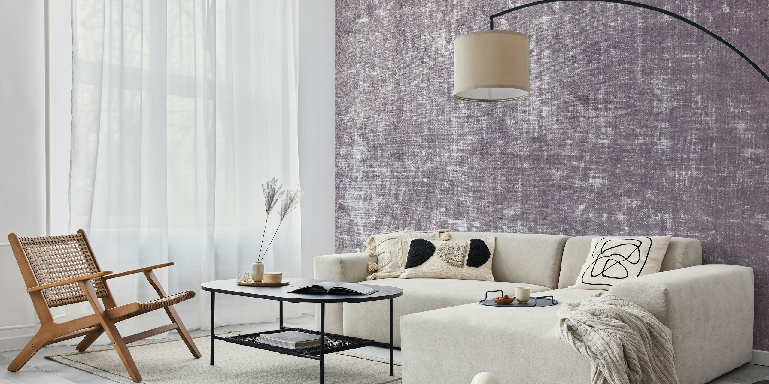Textured lilac linen wallpaper with a vintage appearance