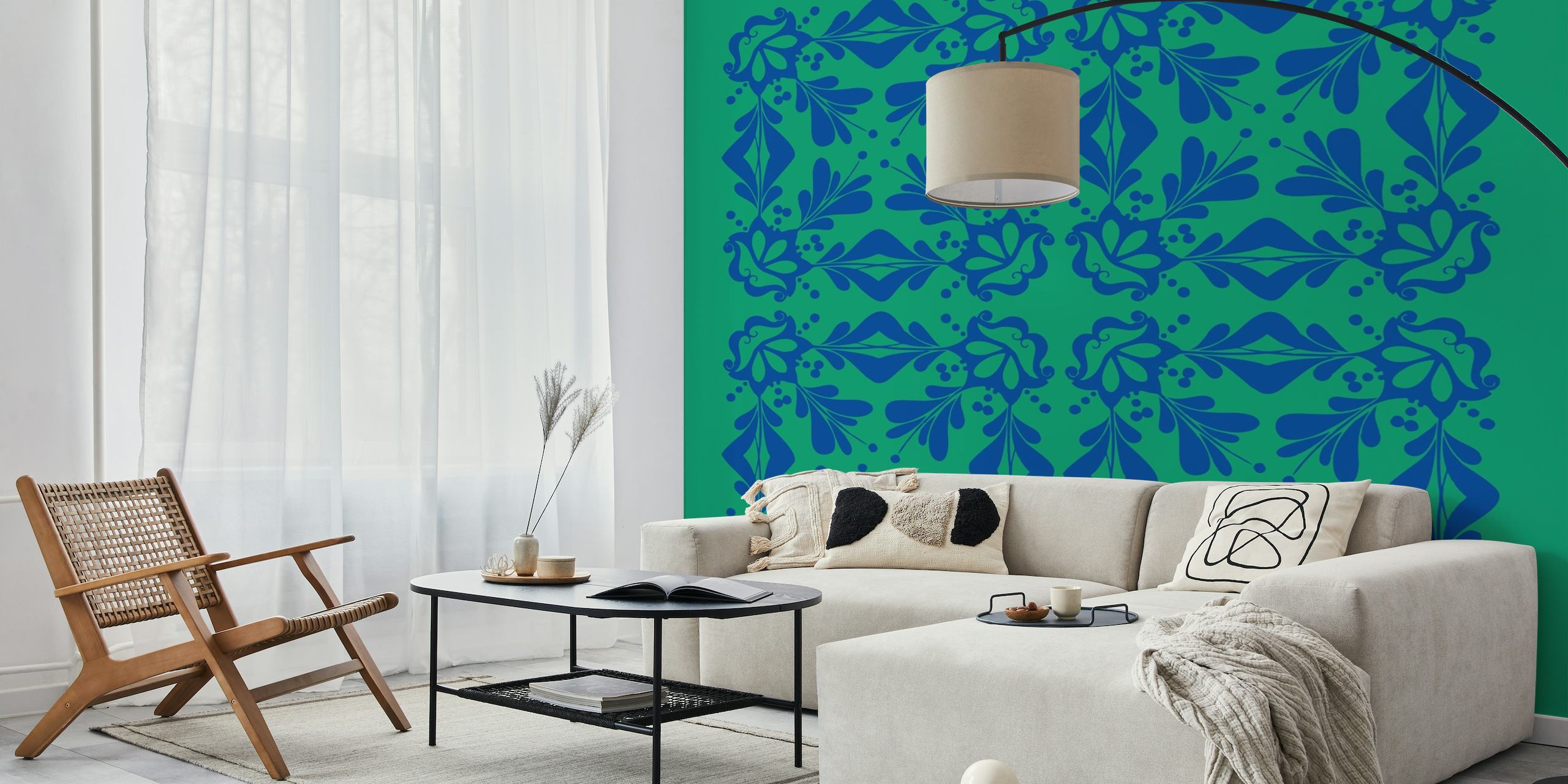Indigo blue floral pattern wallpaper