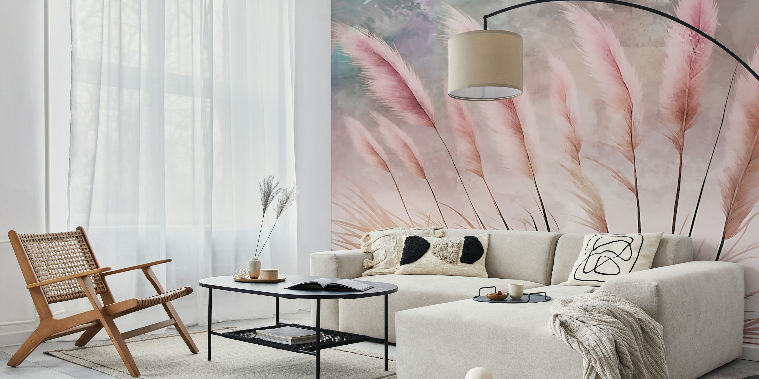 Pampas grass in soft pink tones on a muted background wallpaper