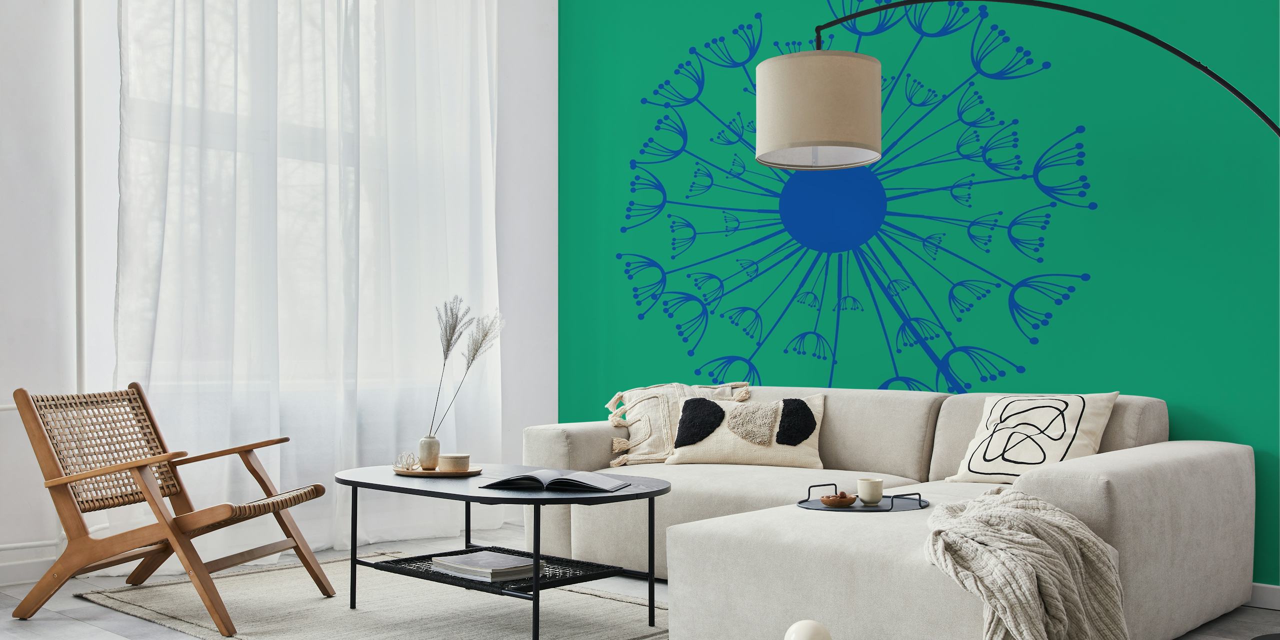 Jumbo Dandelion blue flower wallpaper in a room