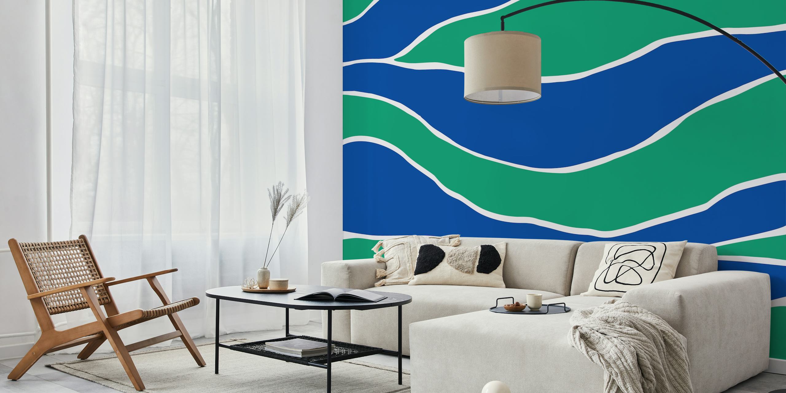 Cobalt Blue Green abstract hand-drawn lines wall mural
