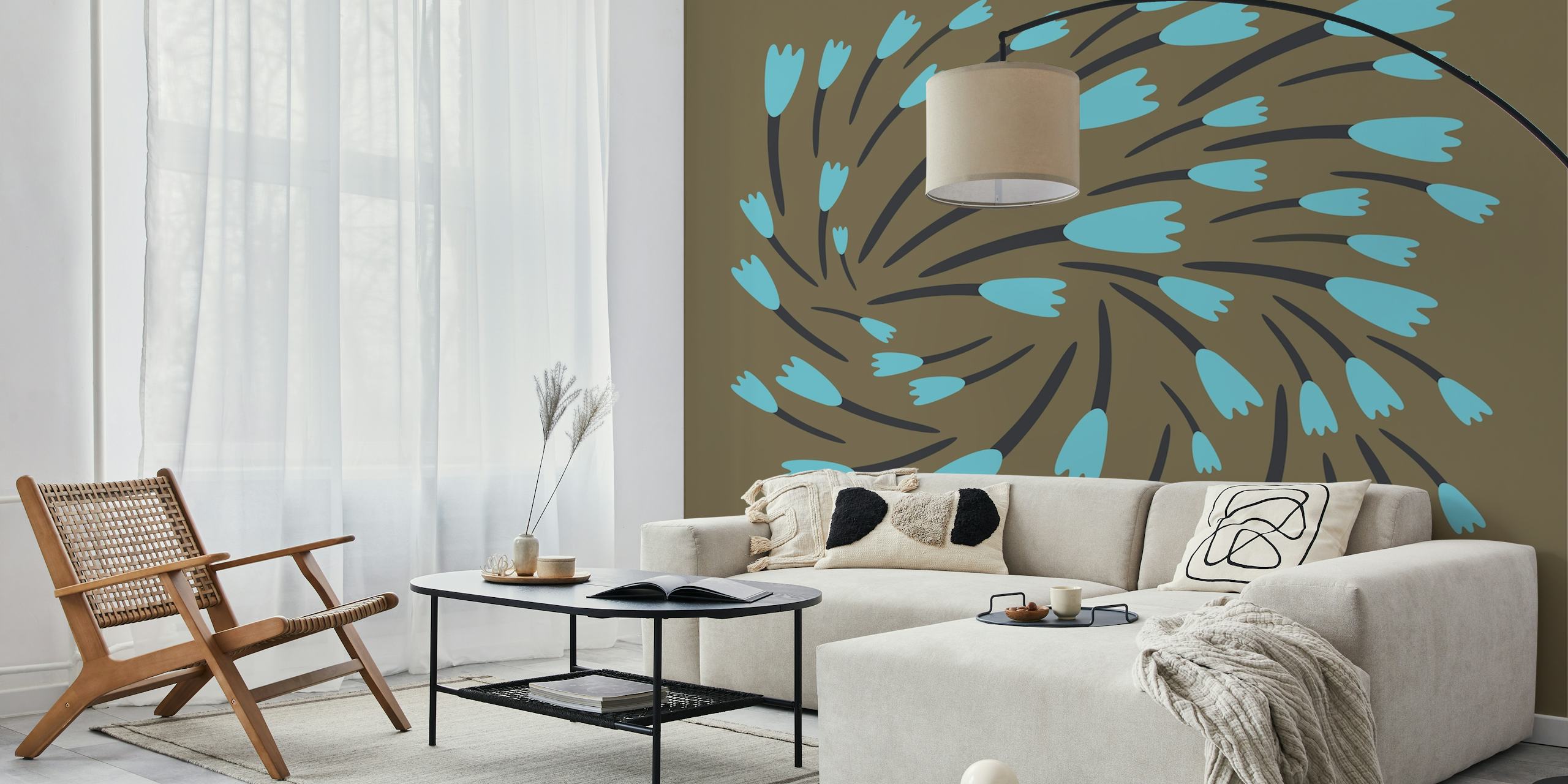 Taupe turning tulips wallpaper in a room
