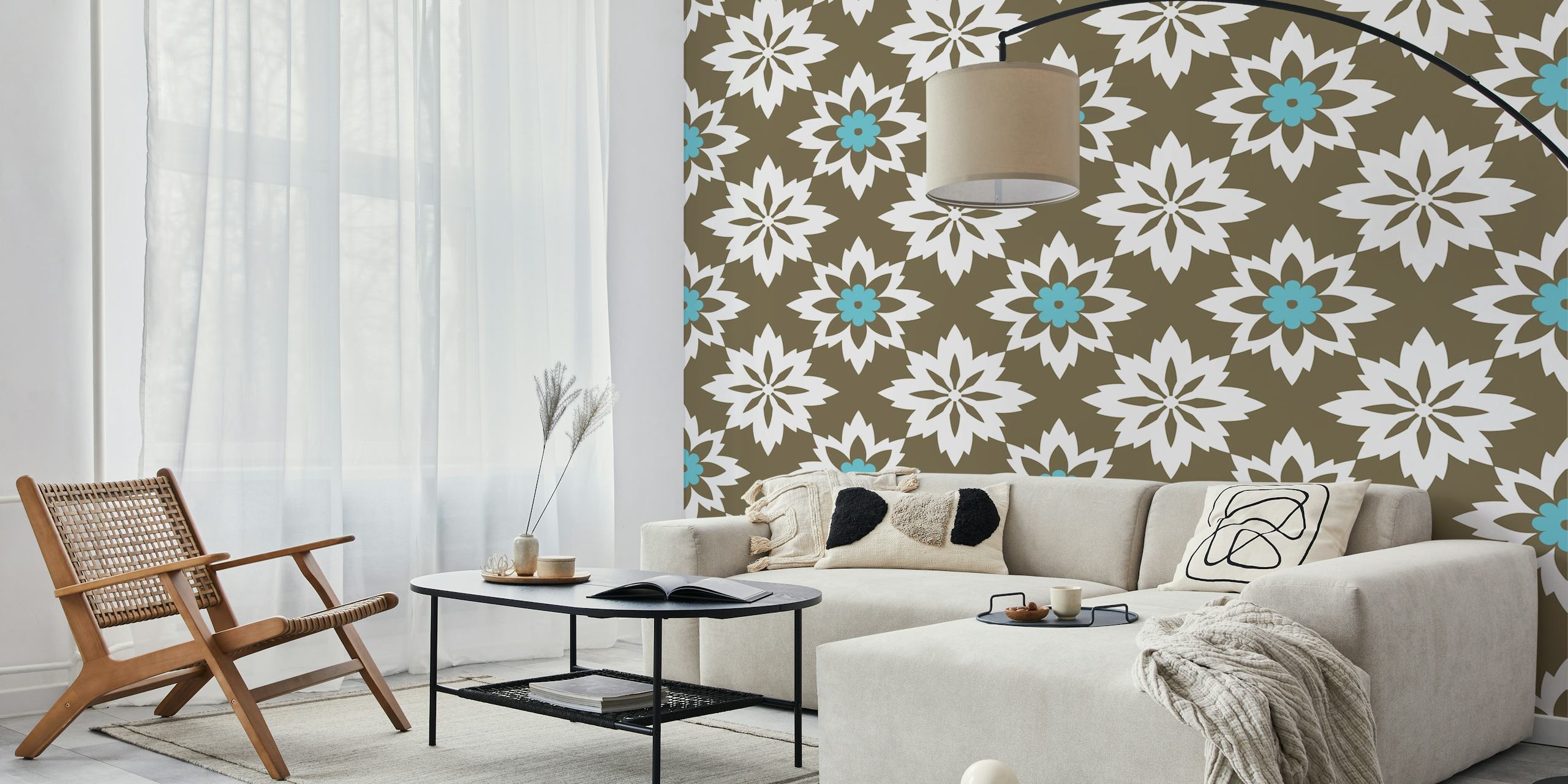 Moorish-inspired floral ornament wall mural in brown and teal blue