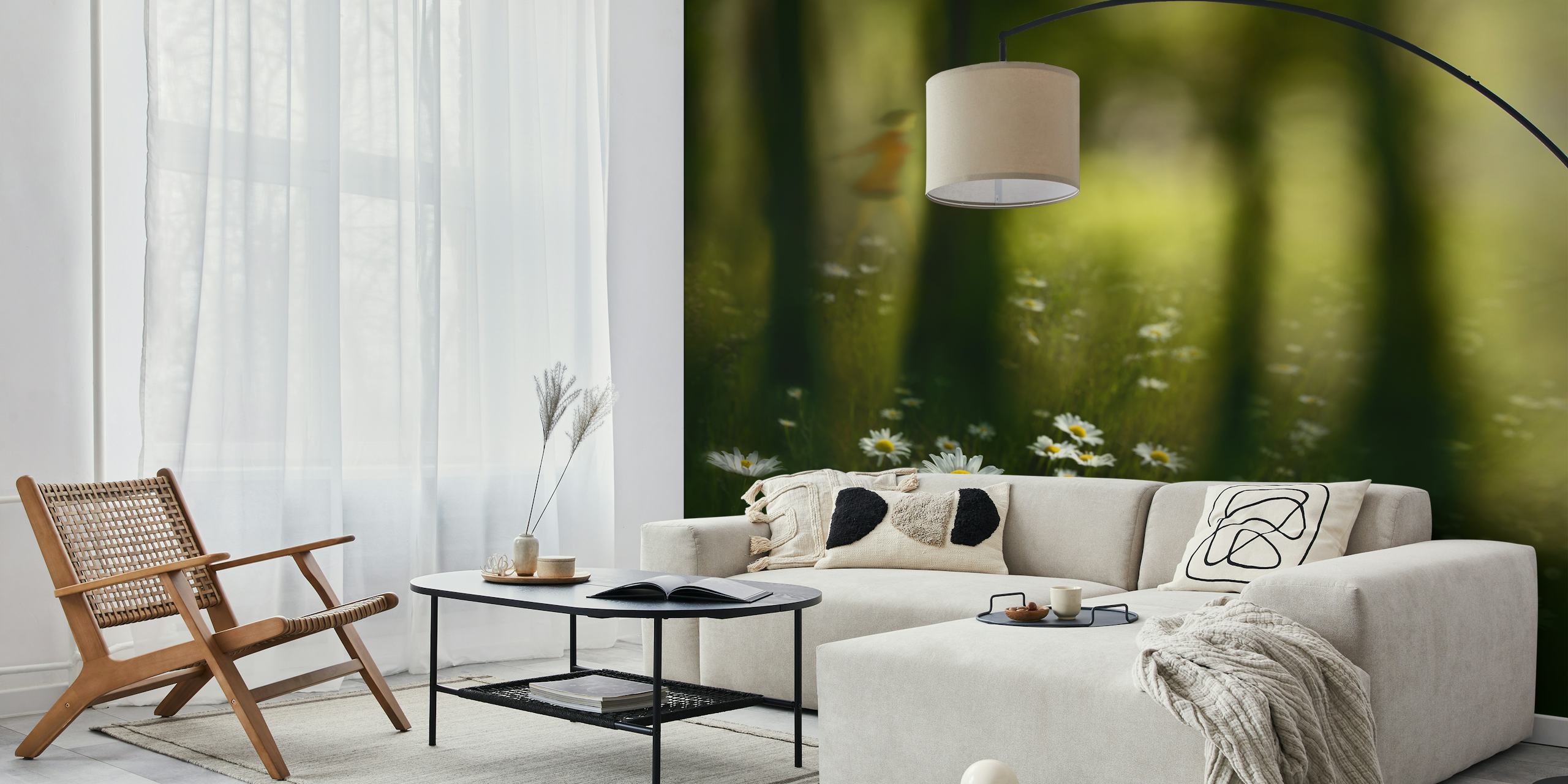 Nature-inspired wallpaper with daisies and woods