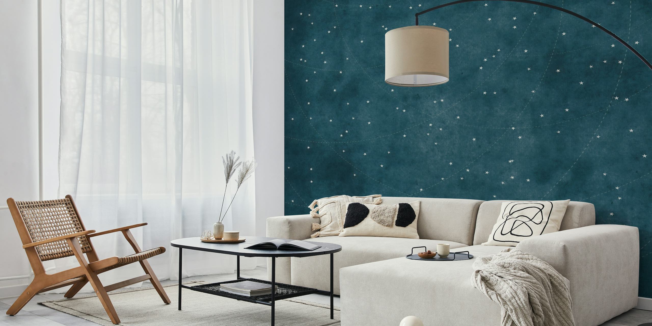 Stjernehimmel vægmaleri med små hvide stjerner på midnatsblå baggrund