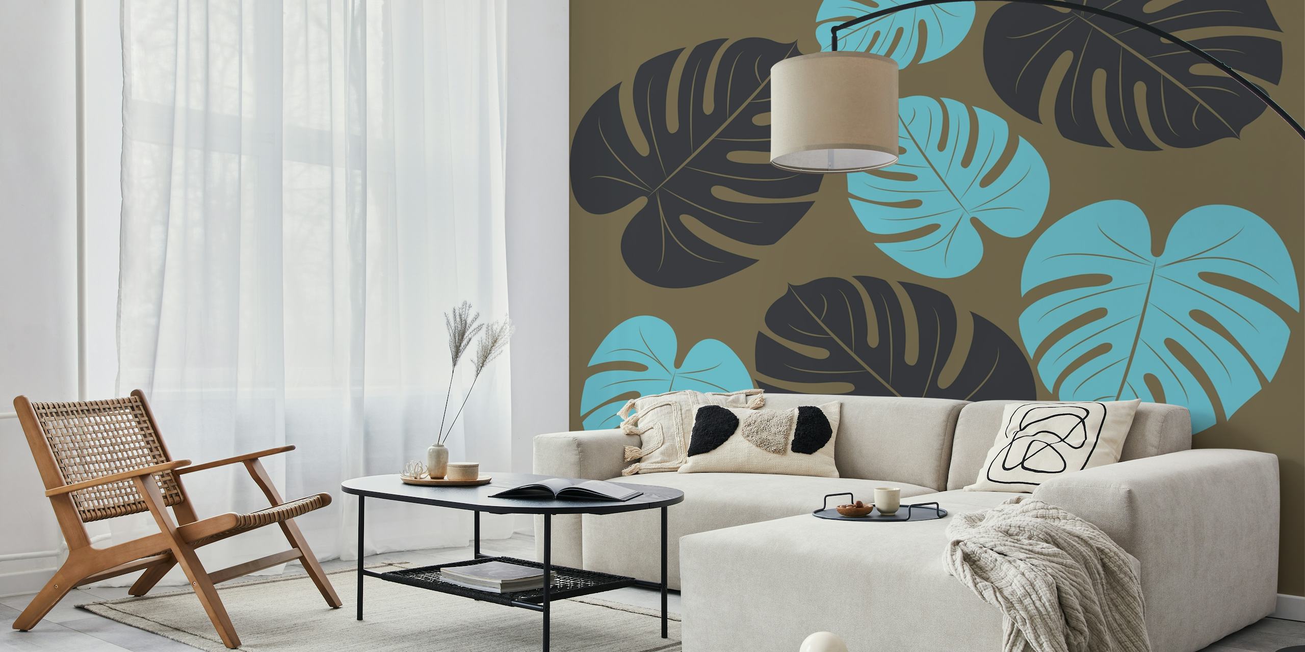 Tropical palm leaves in dark brown and aqua botanical wallpaper