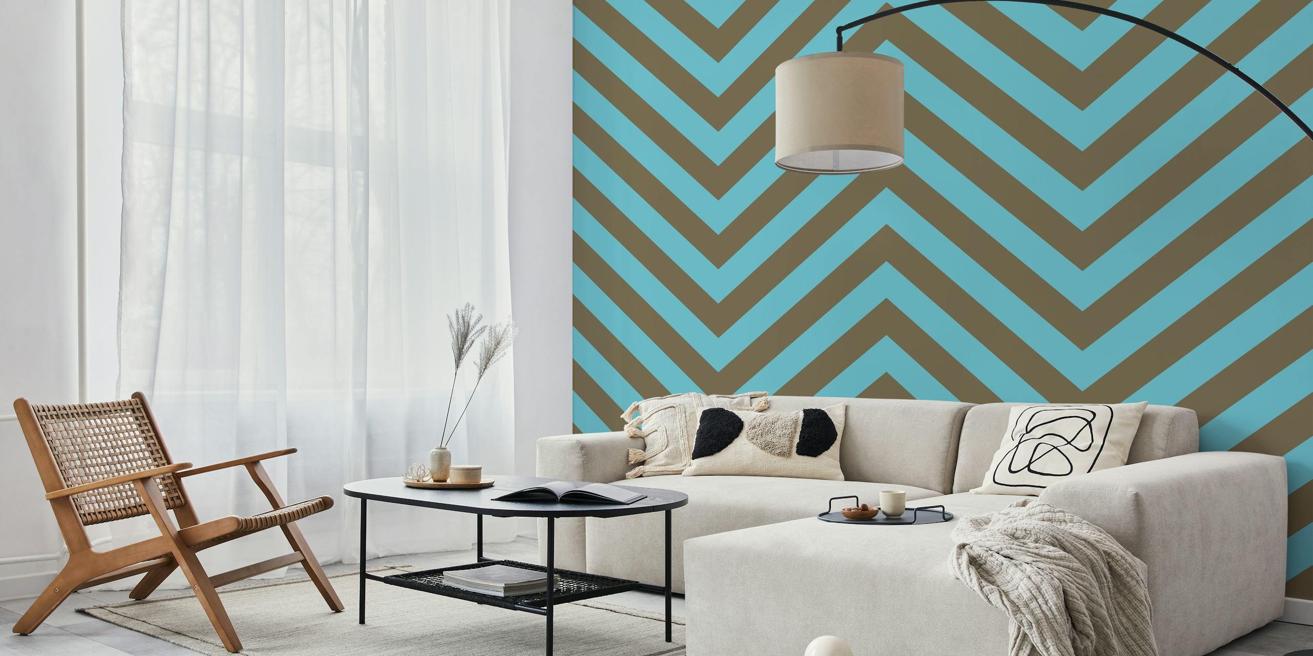 Chevron pattern wallpaper in teal blue e beige brown