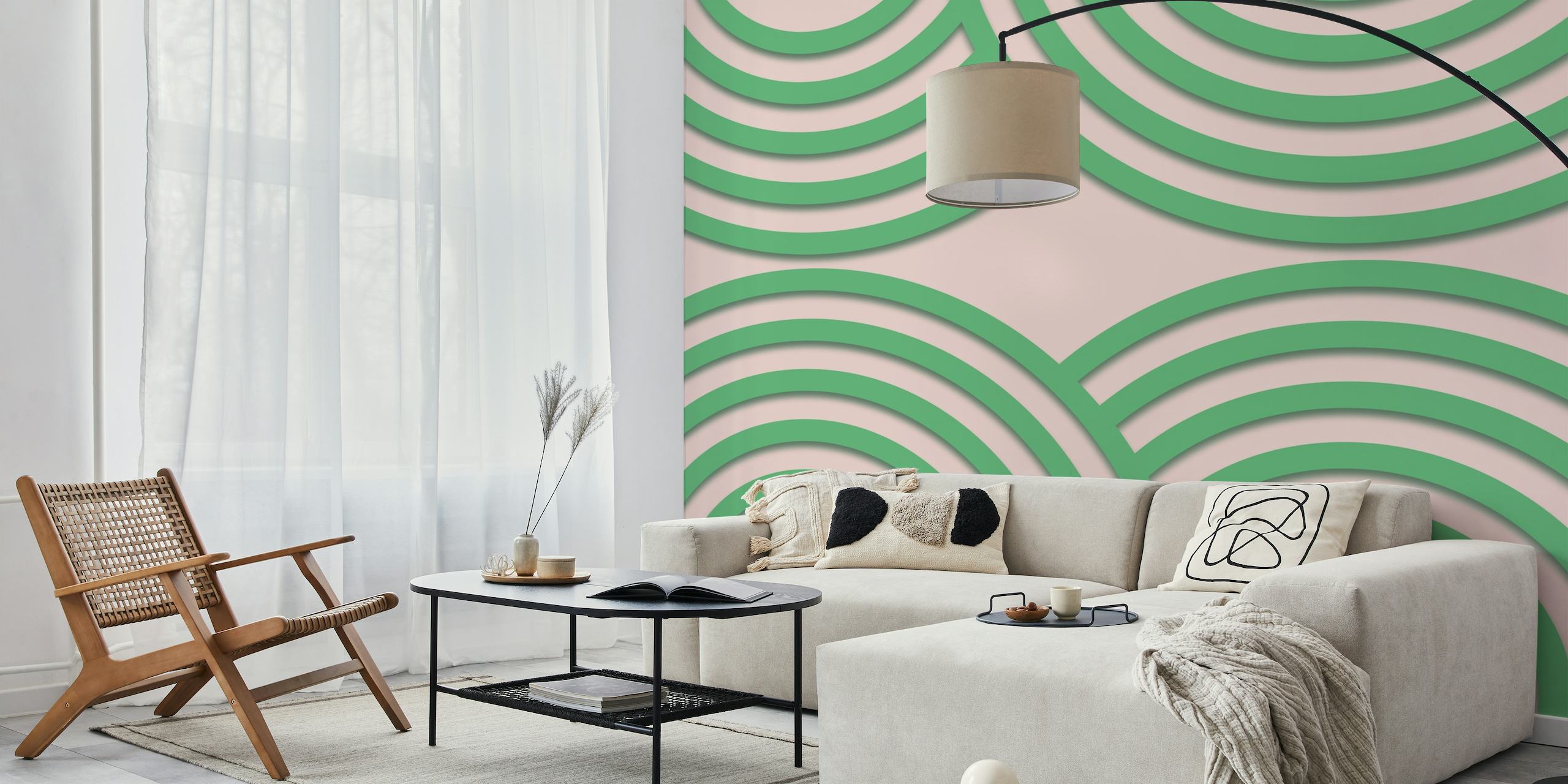 Modern Mid Century Bauhaus Rounds Pink Green papel pintado