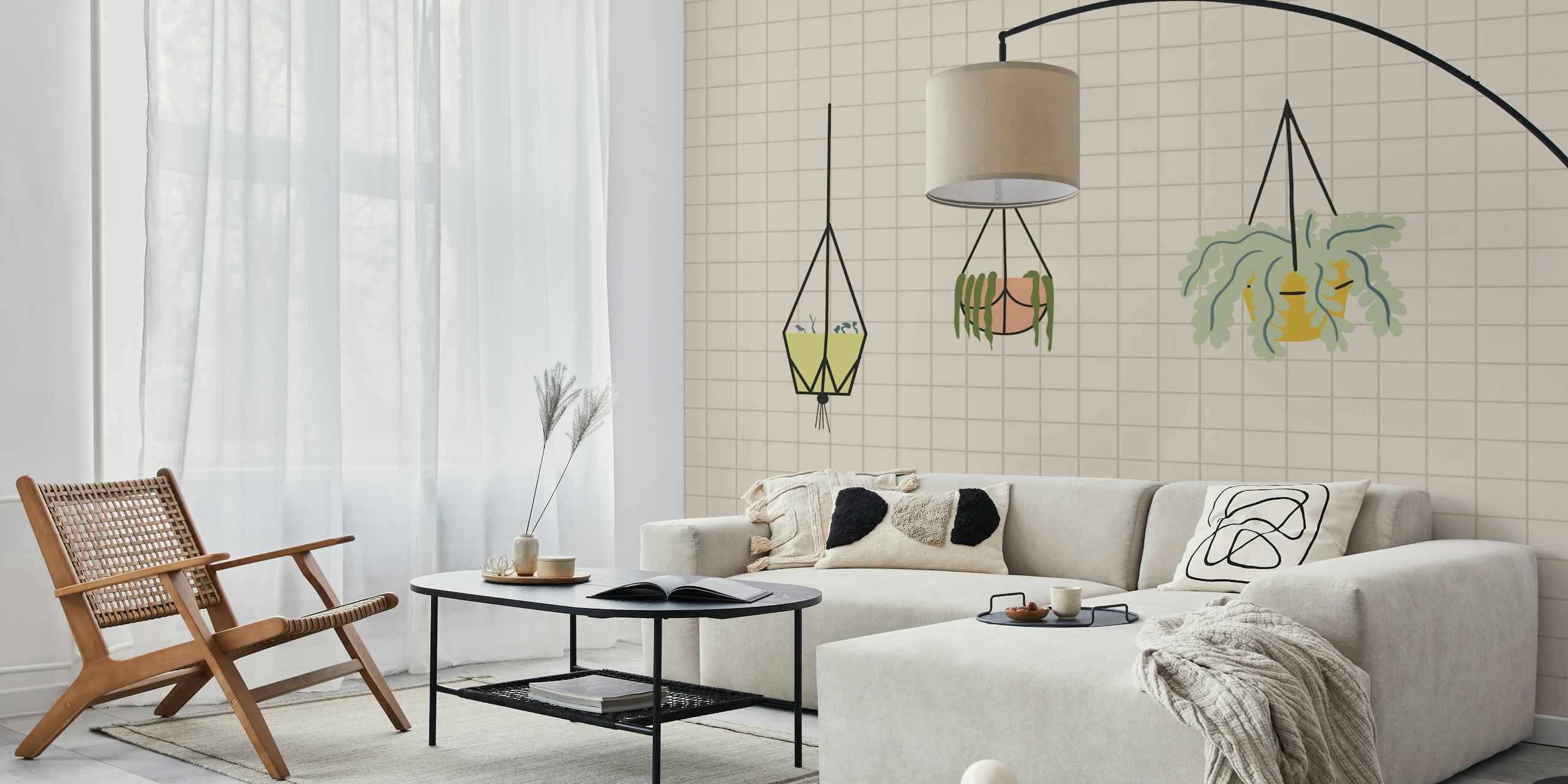 Hanging plants in geometric planters on beige grid wallpaper