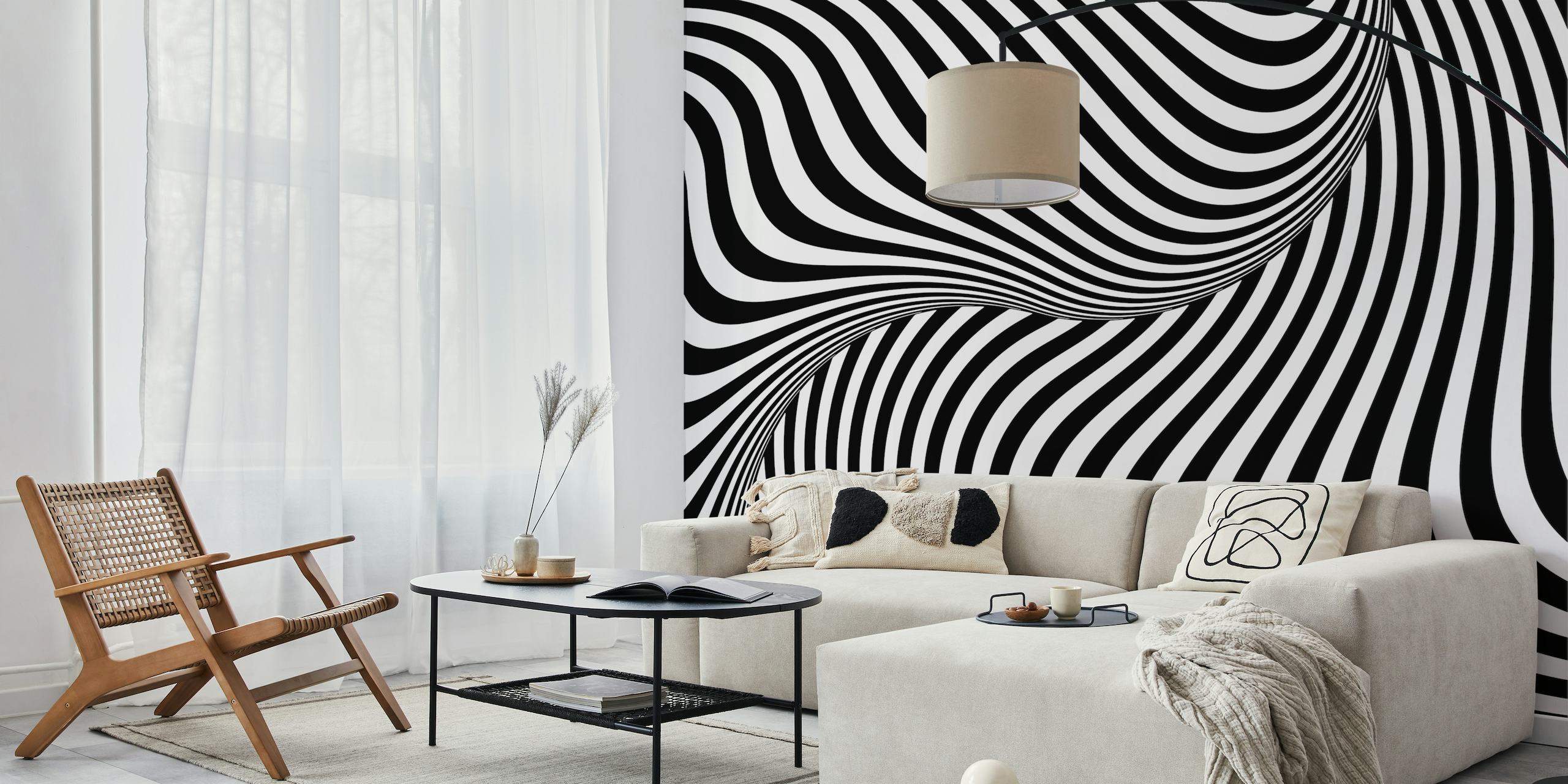 Monochrome op-art wall mural with hypnotic black and white curves