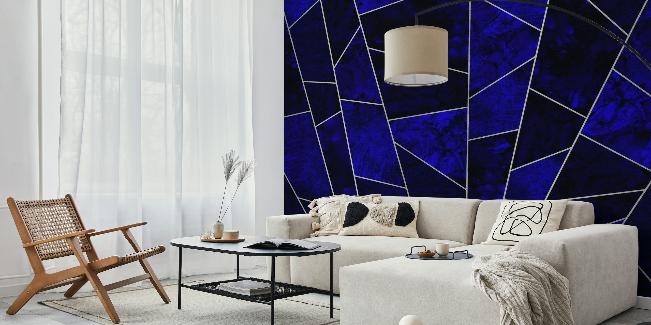 Fotomural elegante patrón de azulejos de zafiro azul intenso con detalles plateados