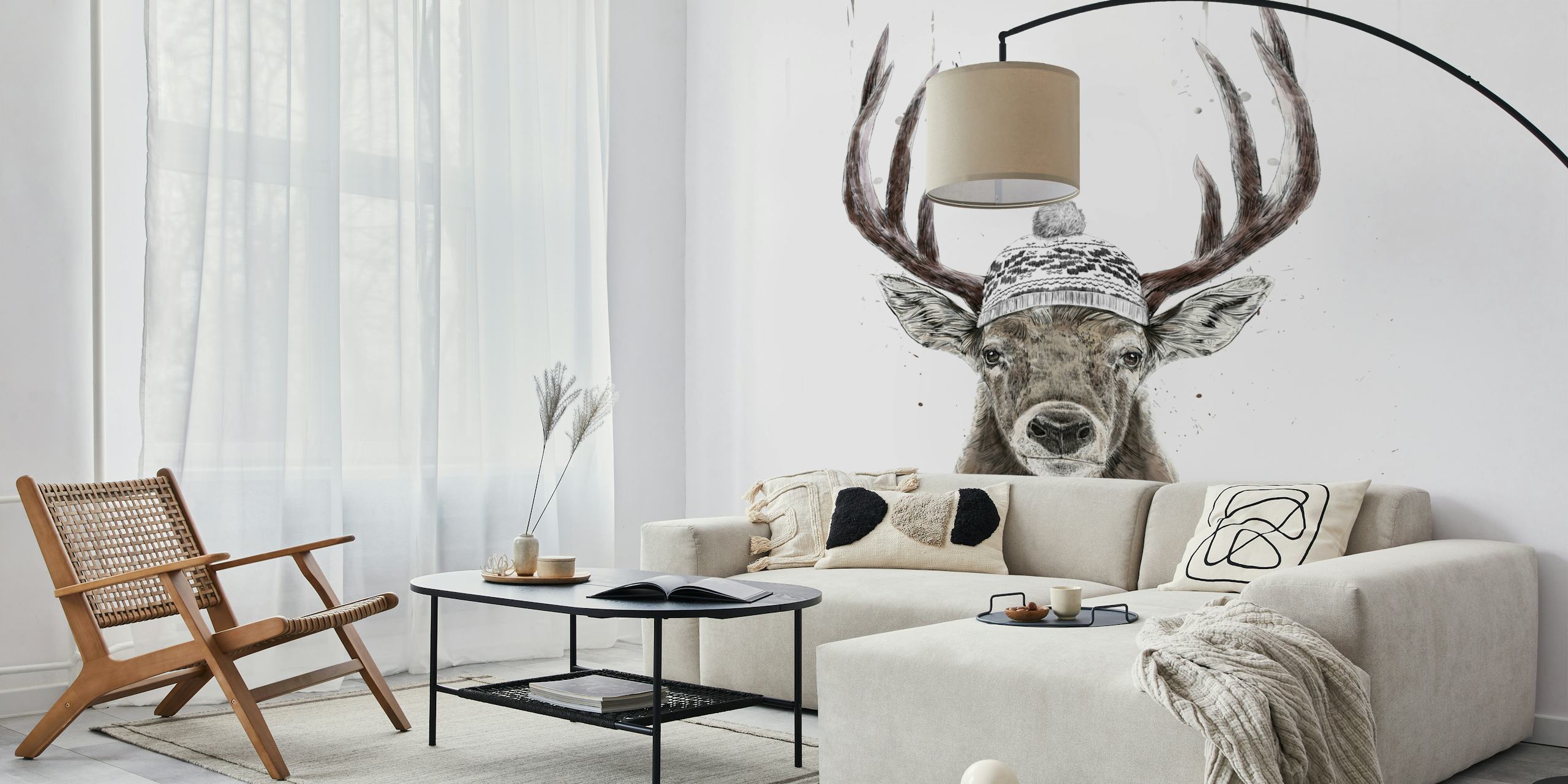Artistic illustration of a deer wearing a knitted hat, neutral tones wallpaper