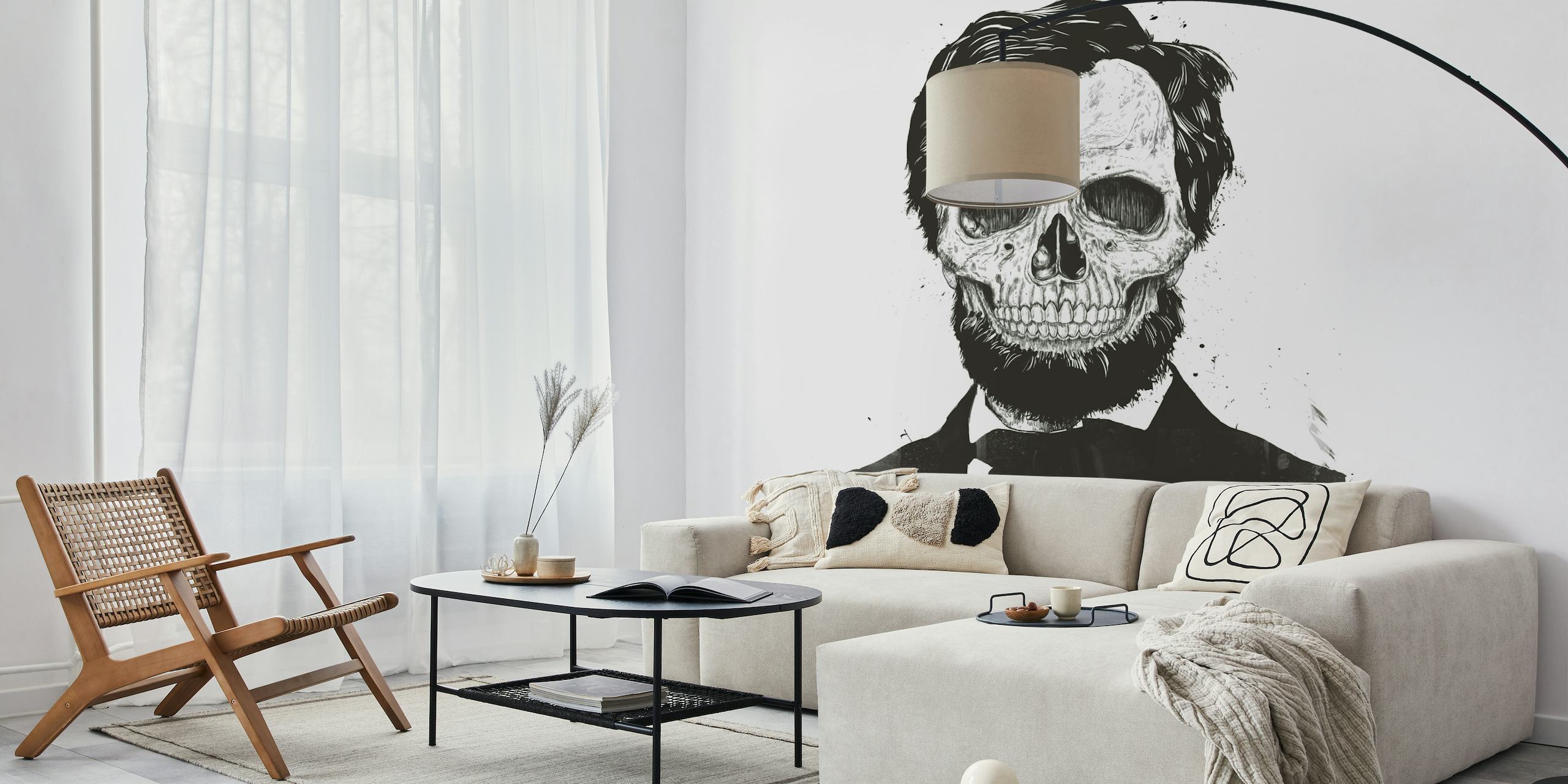 Dead Lincoln wall mural featuring a skull in a suit, gothic and historic art fusion.