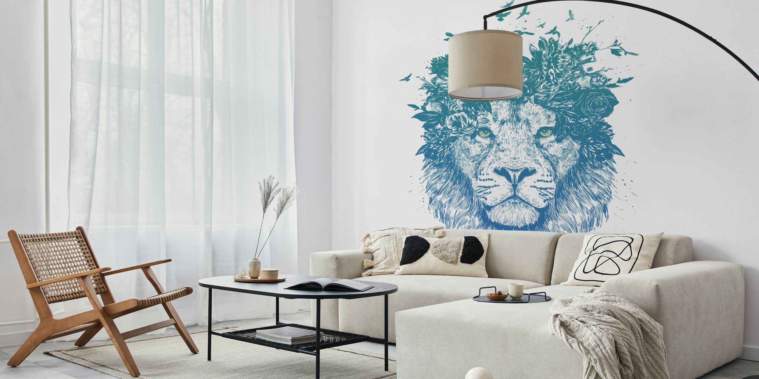 Floral lion illustration in blue tones with flowers and birds wallpaper
