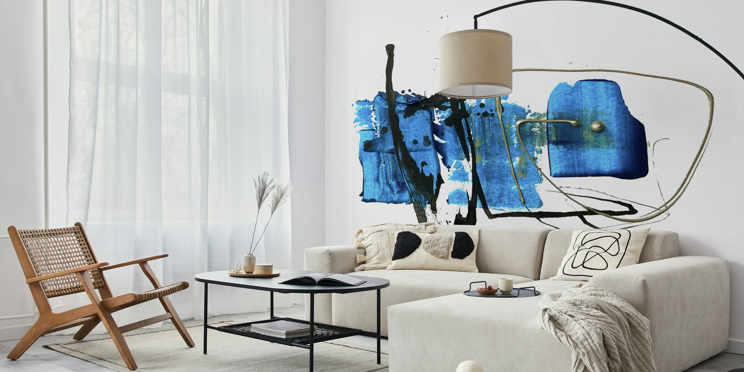 Close Relation Blue Abstract art mural with deep blue hues and dynamic black strokes