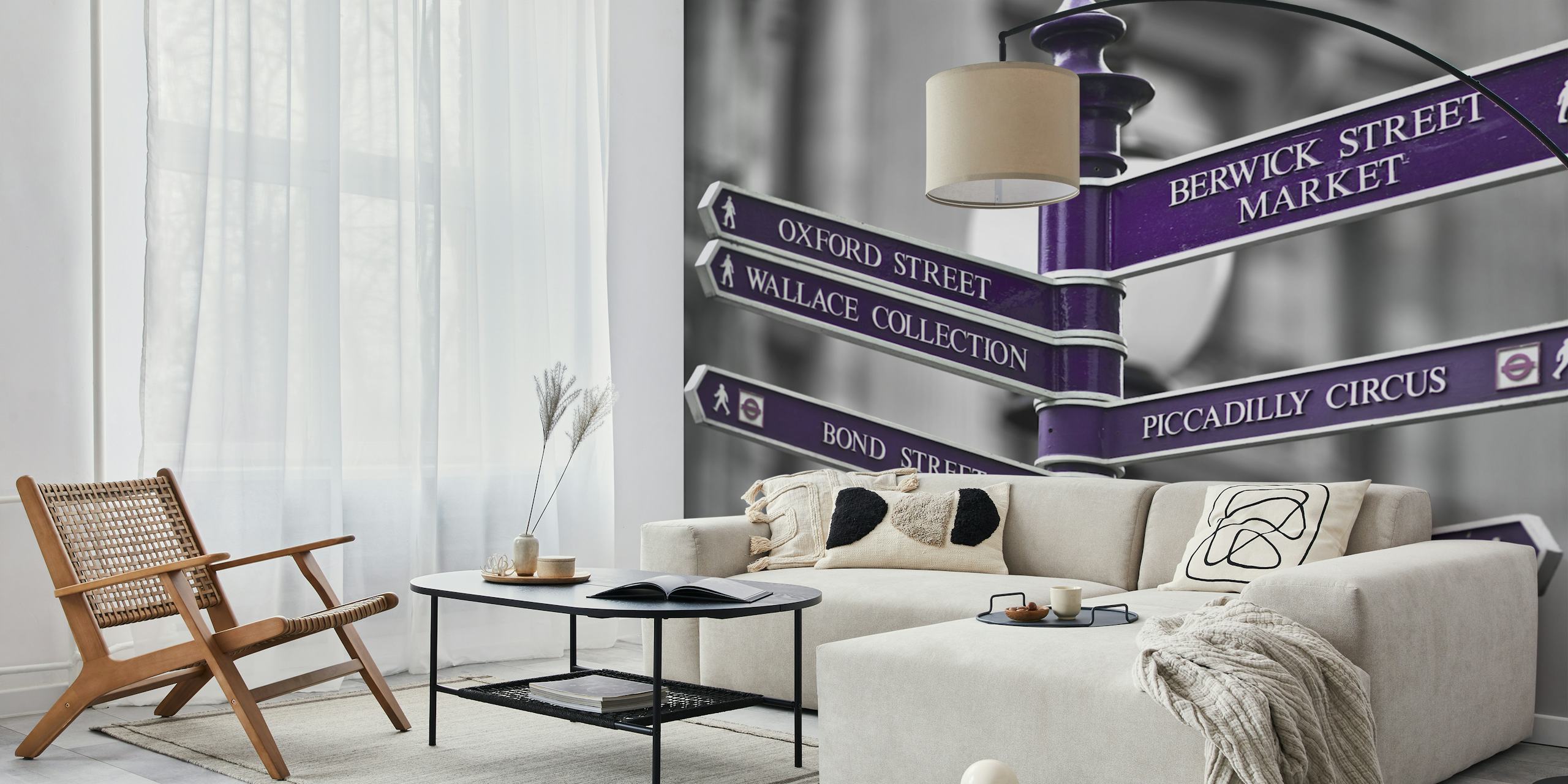 Purple street sign design with directional arrows and black and white background wallpaper