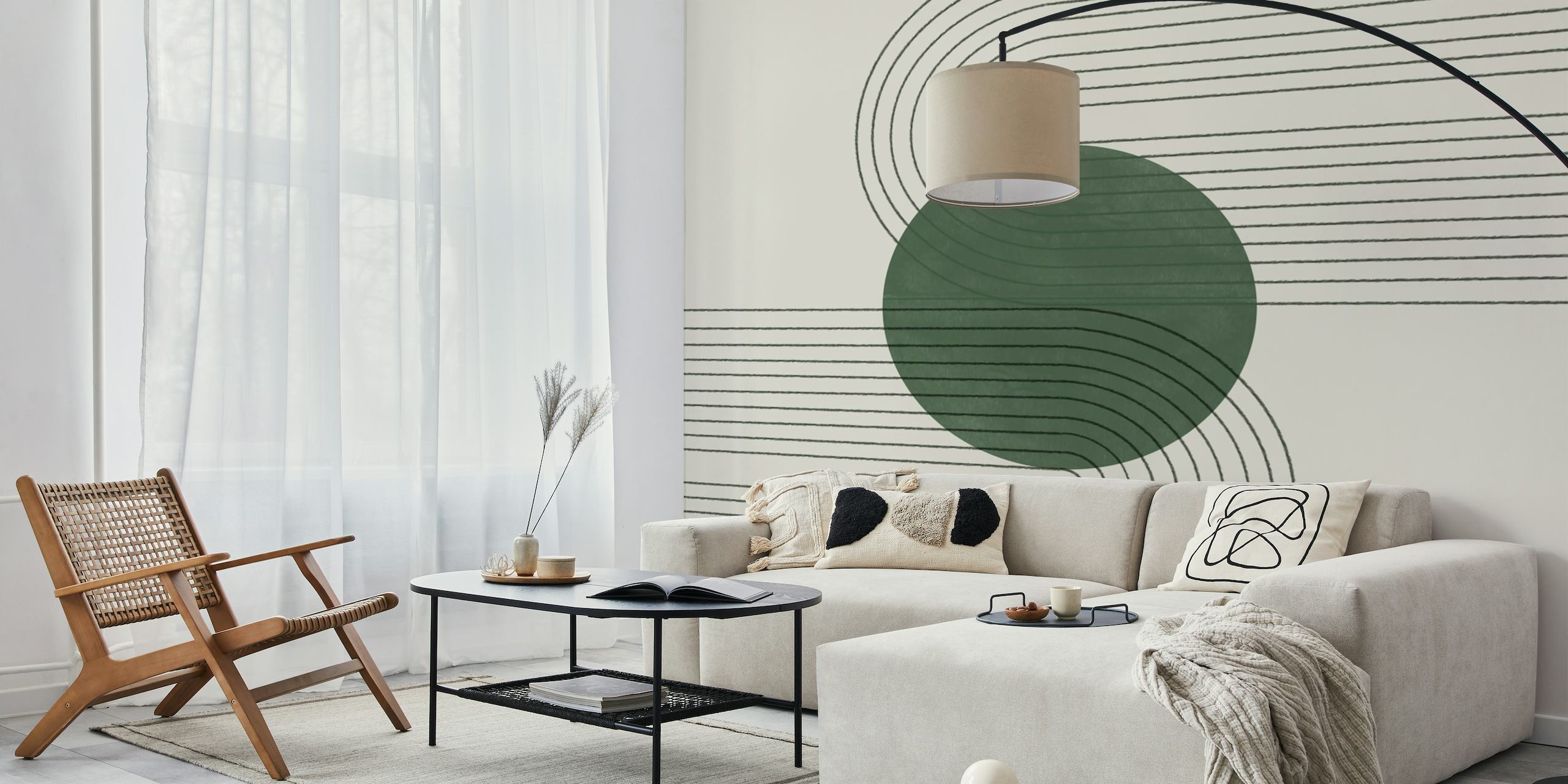 Green Minimalist Organic wall mural featuring a circular green design with linear accents