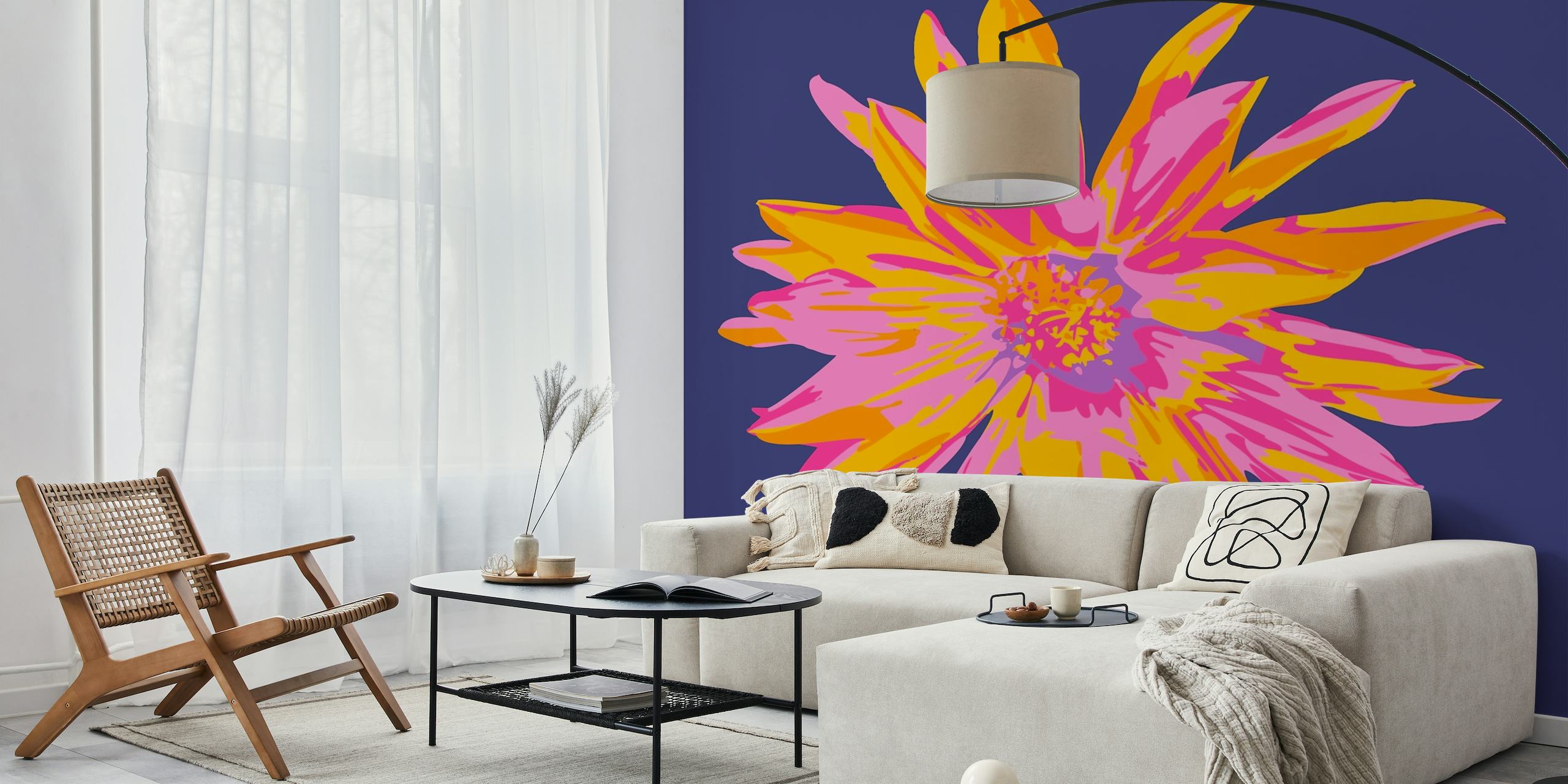Abstract dahlia flower wall mural with bright pink and orange petals on dark blue background.