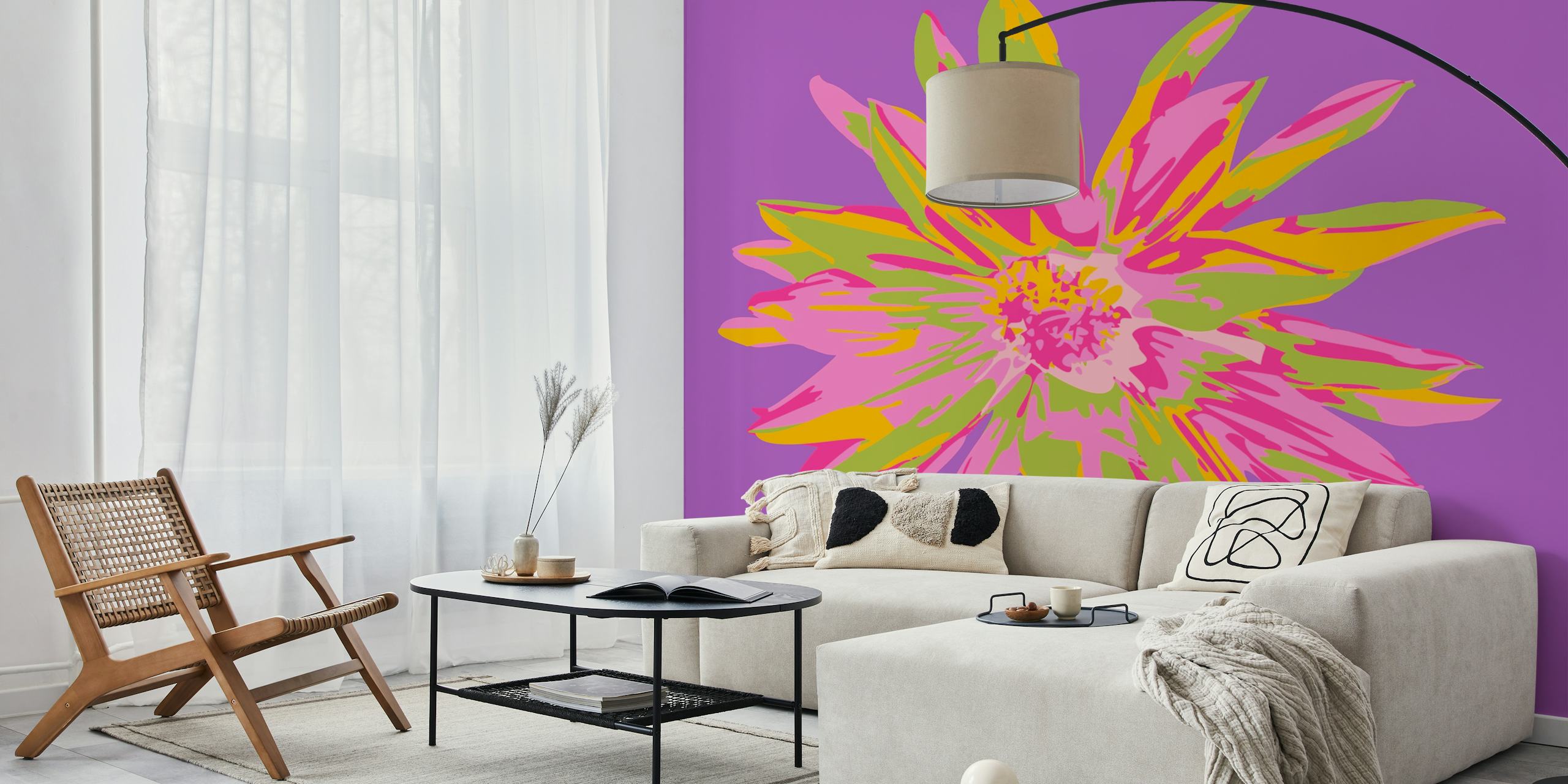 Pink floral design with yellow and green accents on violet wallpaper