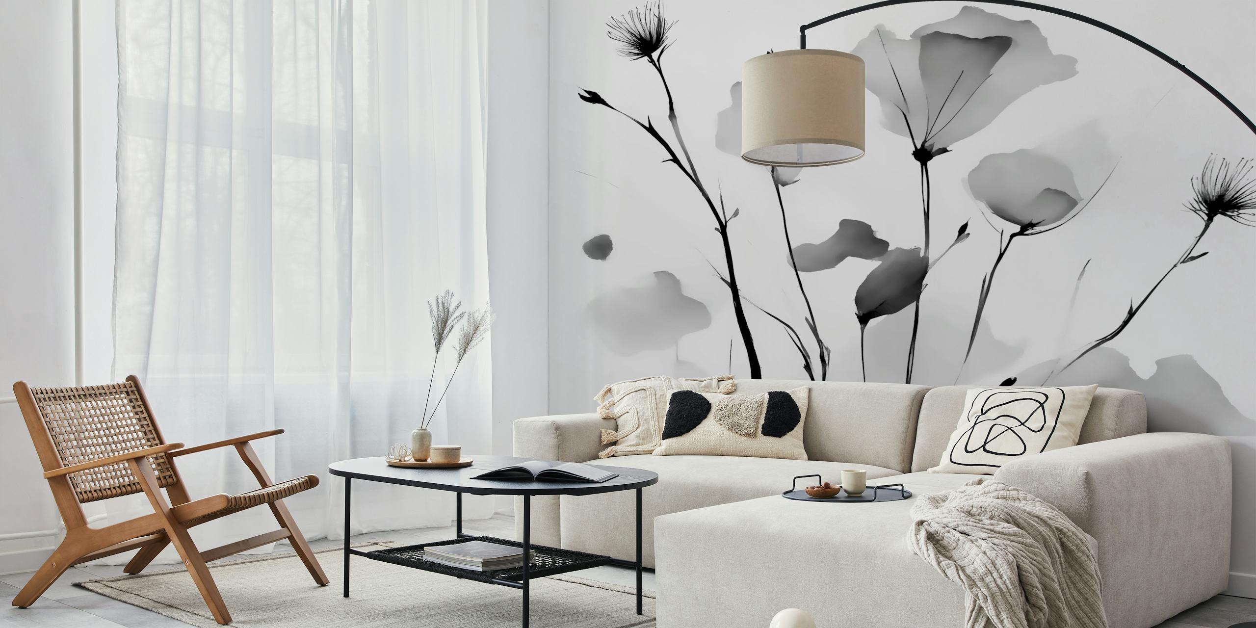 Mural de parede floral japonês Meadow Black White em estilo monocromático