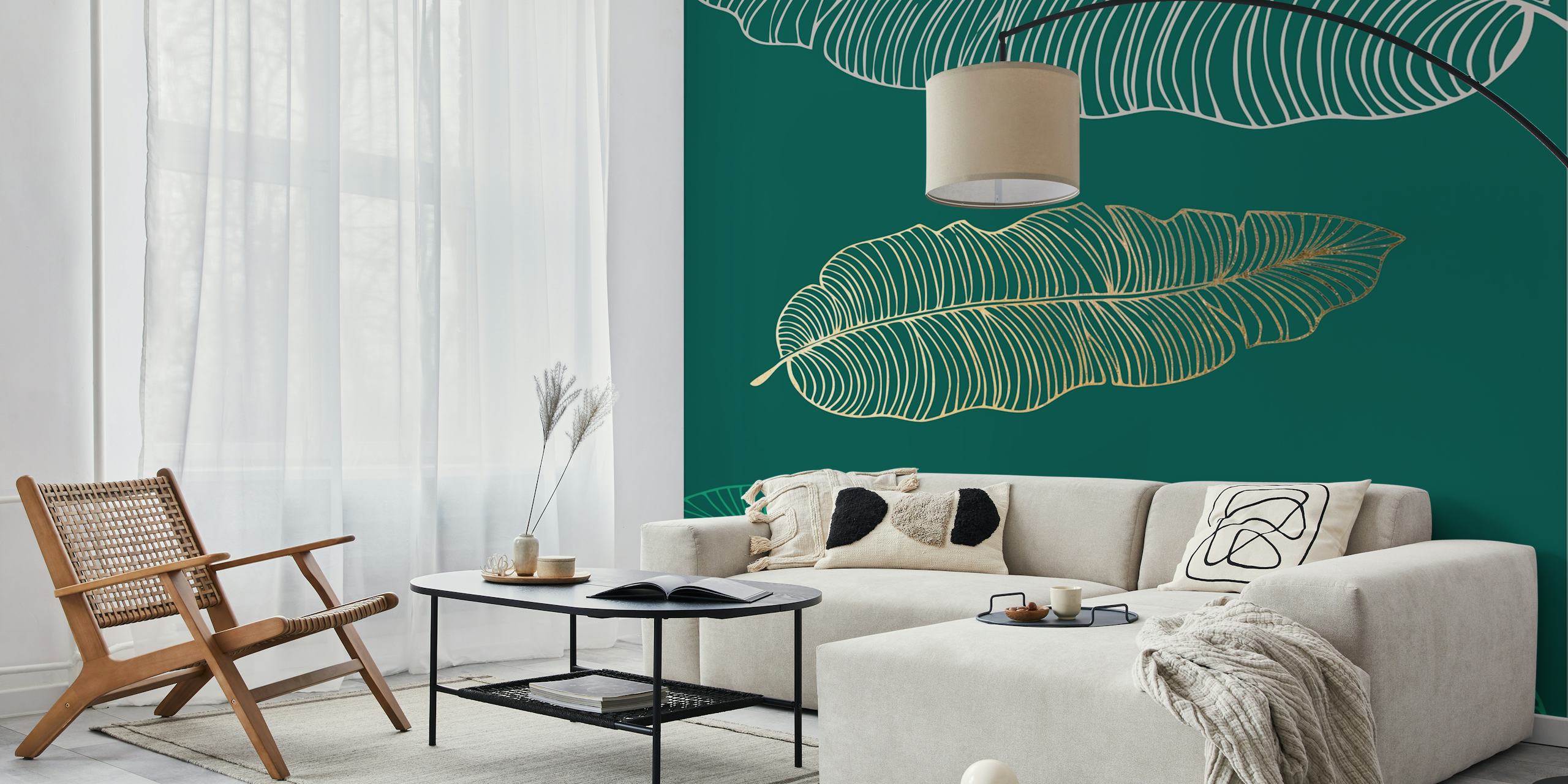 Tropical palm leaves in gold and green on a dark green background wallpaper