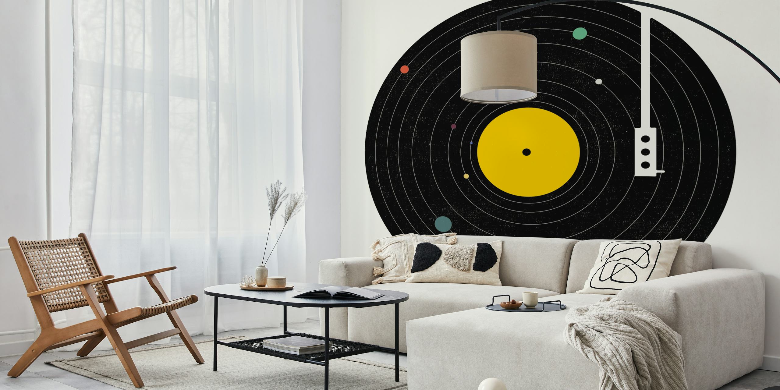 Vinyl record design with black grooves, yellow center, and colorful dots wallpaper