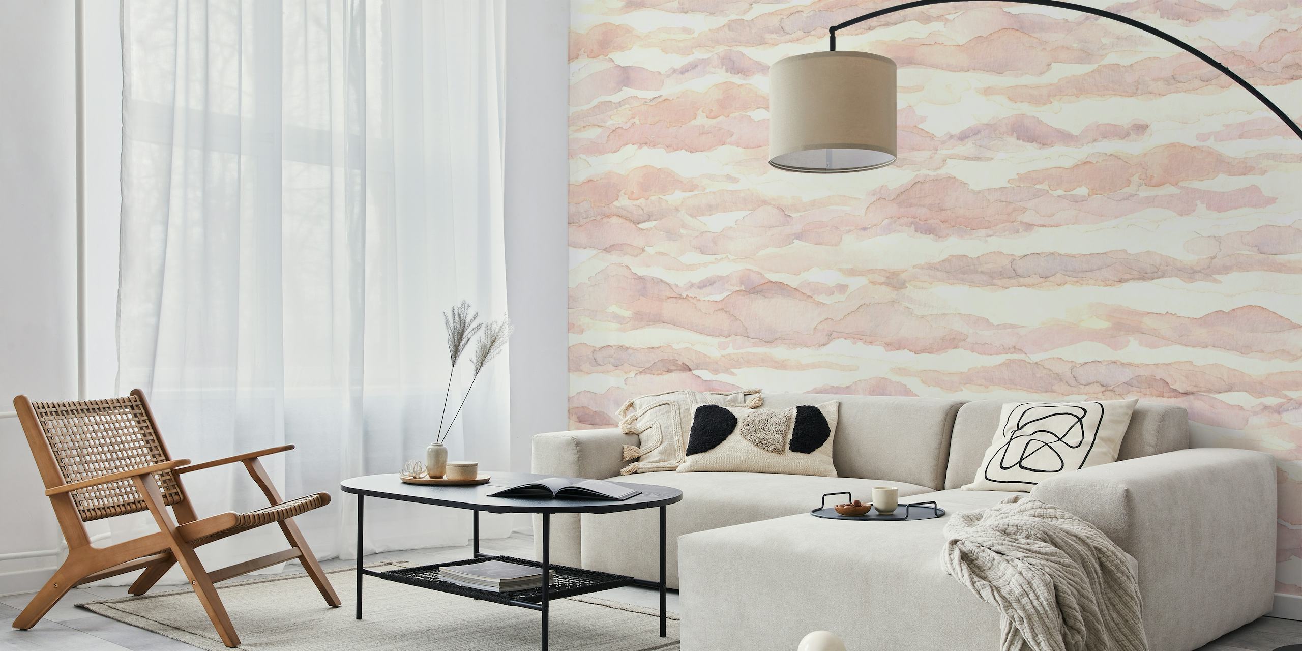 Subtle pink and cream watercolour cloud pattern wall mural