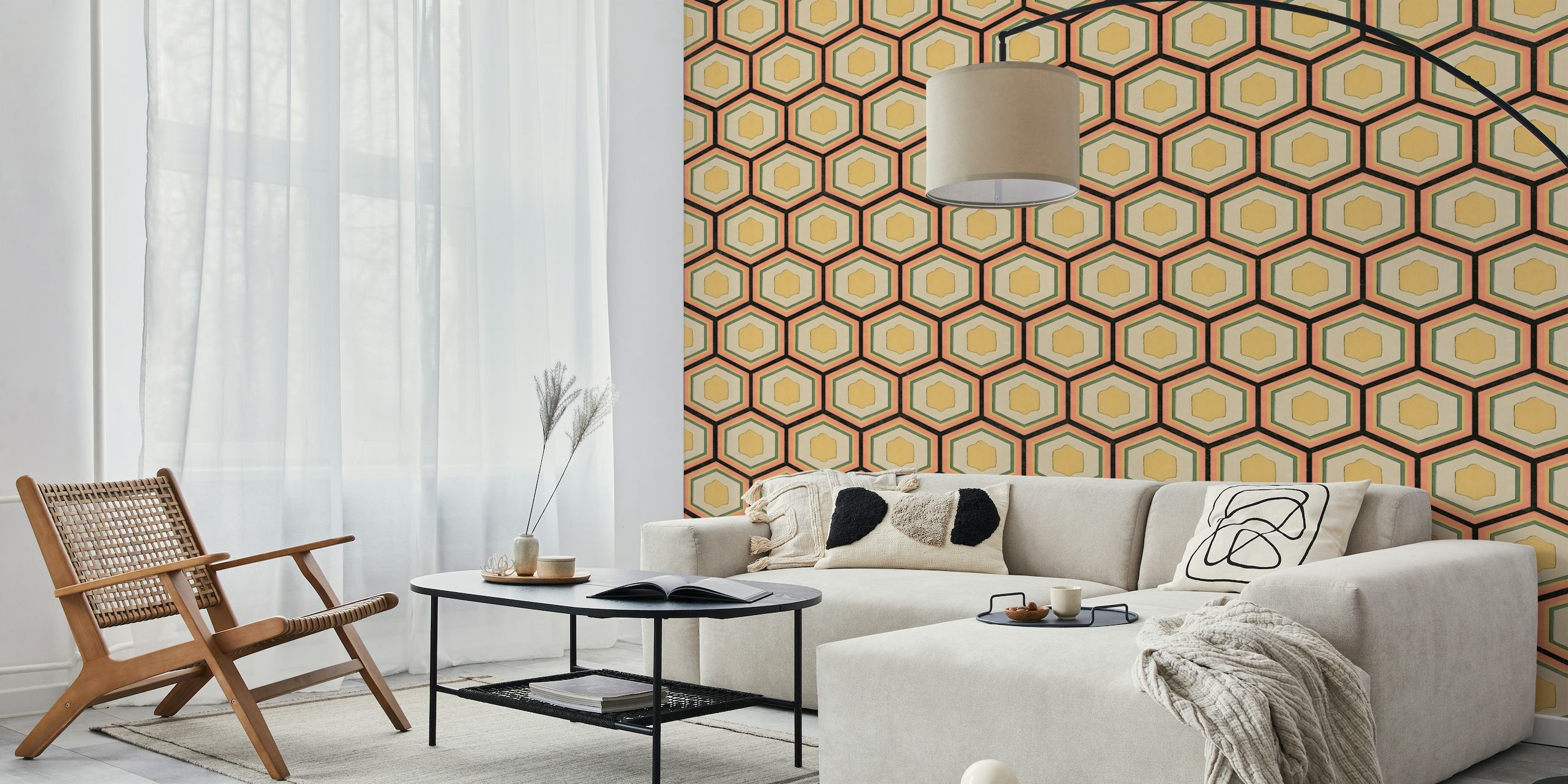 Vintage Japanese honeycomb pattern wallpaper in warm hues