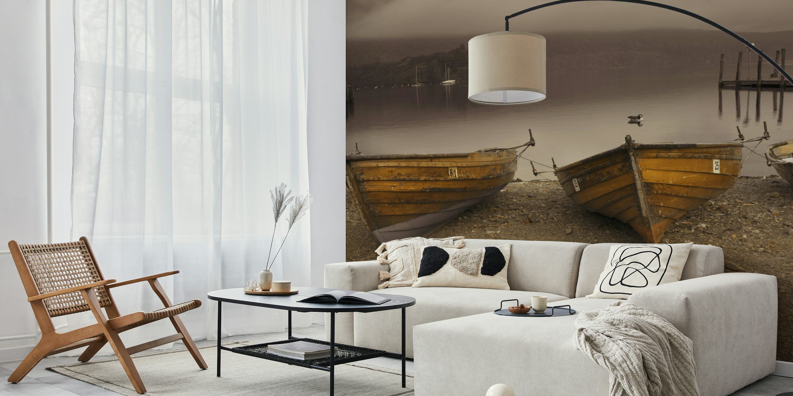 Tranquil lake with rowboats wall mural