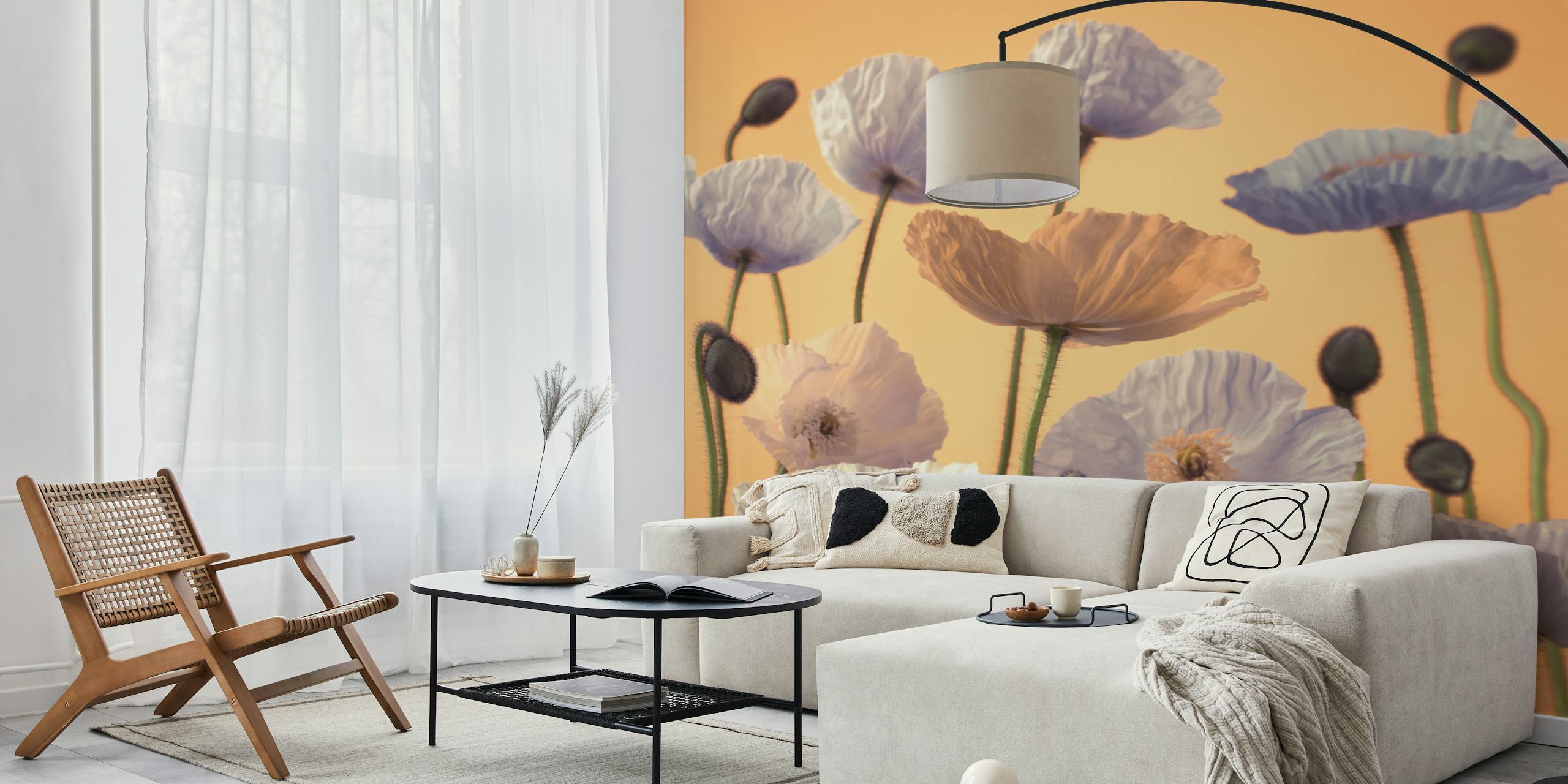 Pastel colored flowers on a warm orange background wallpaper